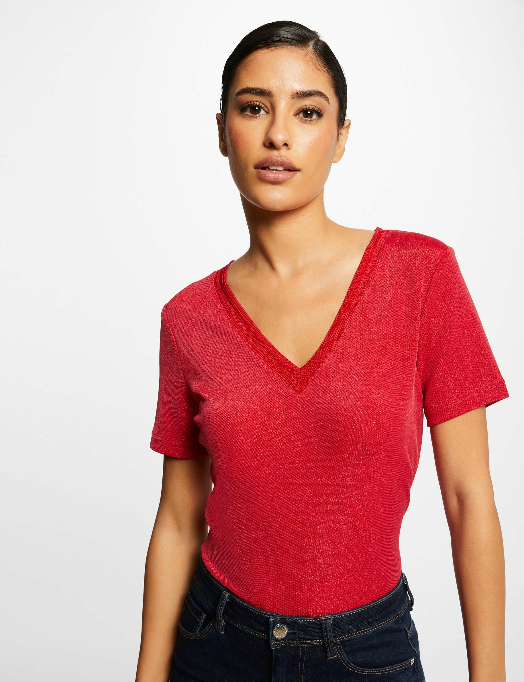 Camiseta corta con escote V frambuesa | Morgan