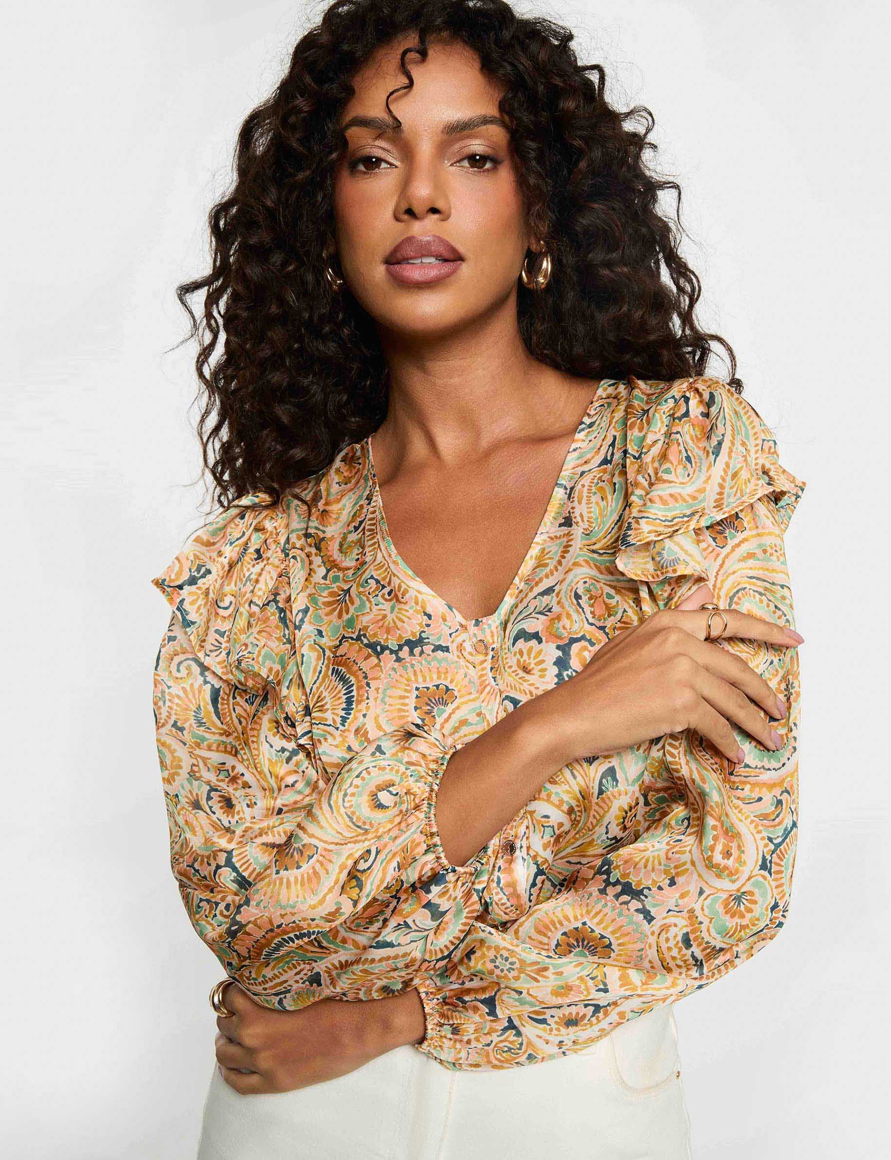 Camisa entallada cuello v multicolor mujer