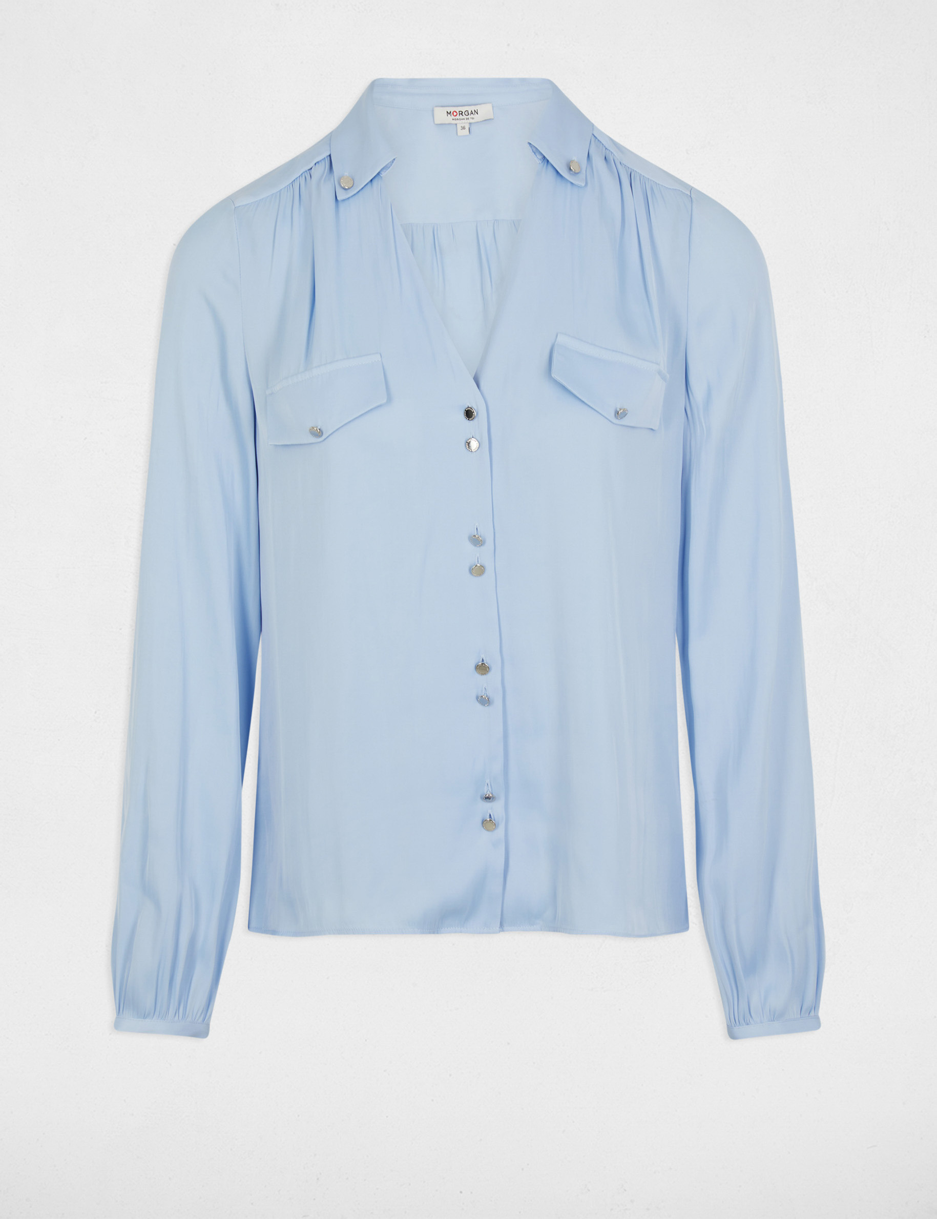 camisa manga larga satinada azul cielo mujer Camisa manga larga satinada azul cielo mujer
