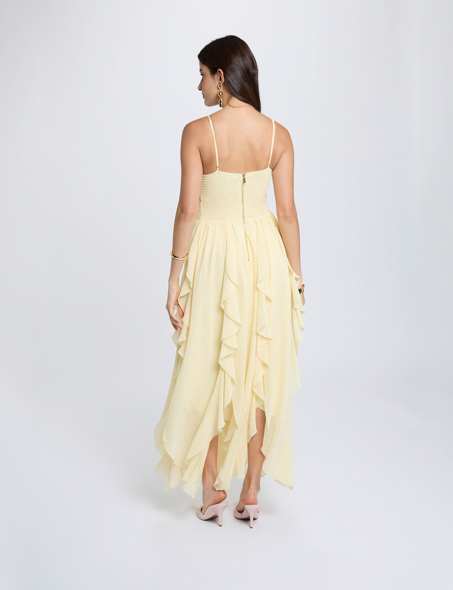 Vestido largo con cuello en V amarillo pastel mujer