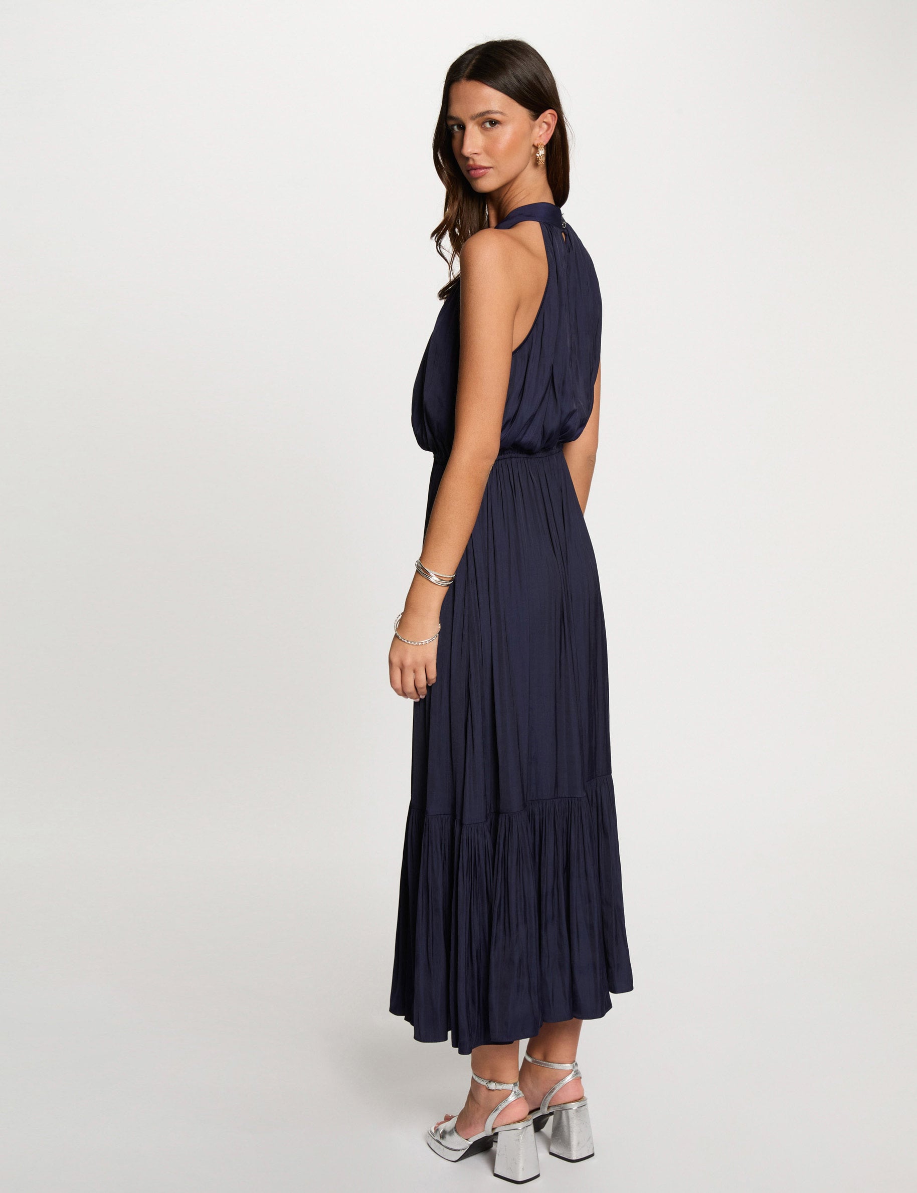 Vestido largo de cuello alto azul marino mujer
