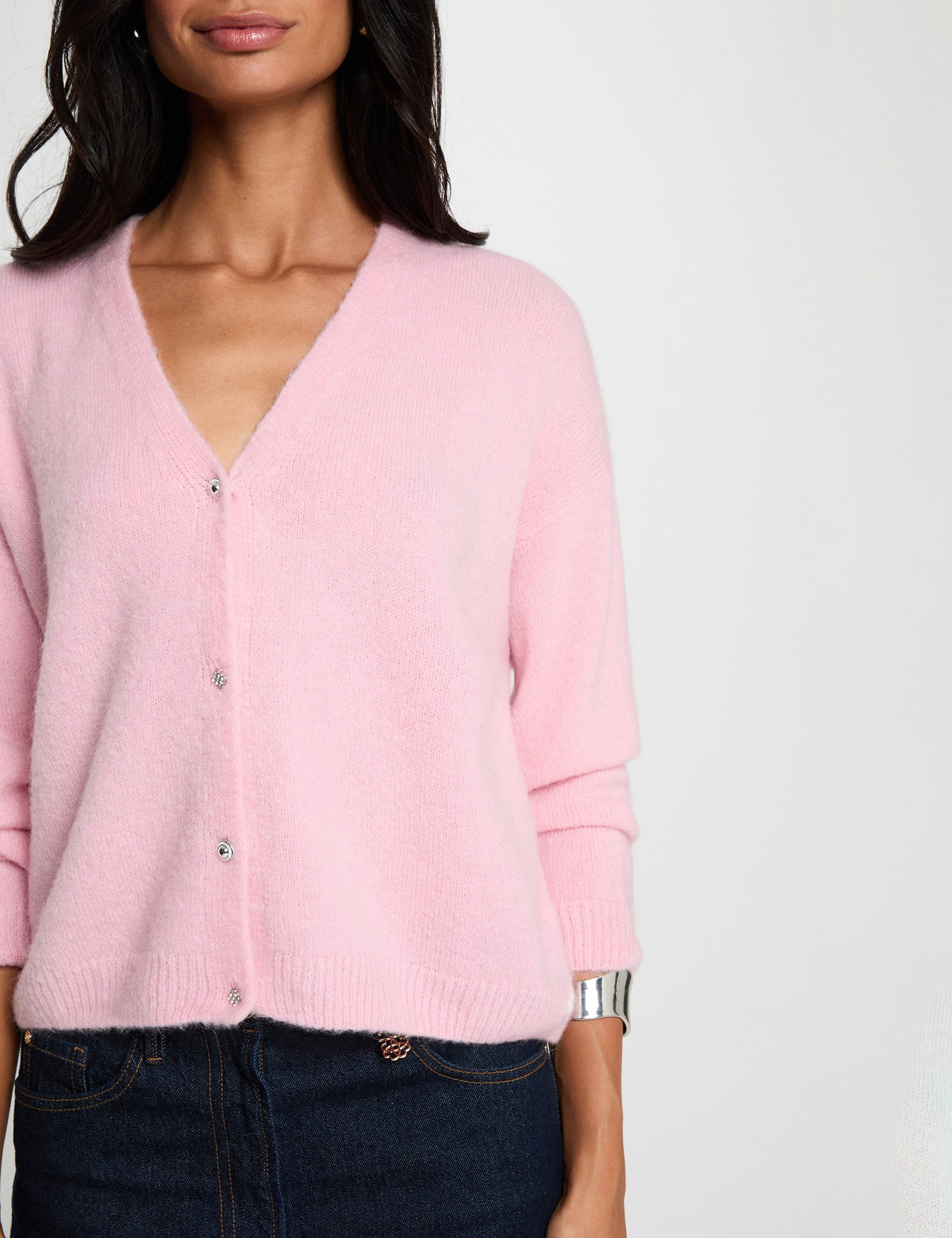 C&aacute;rdigan de punto con cuello en V rosa pastel mujer
