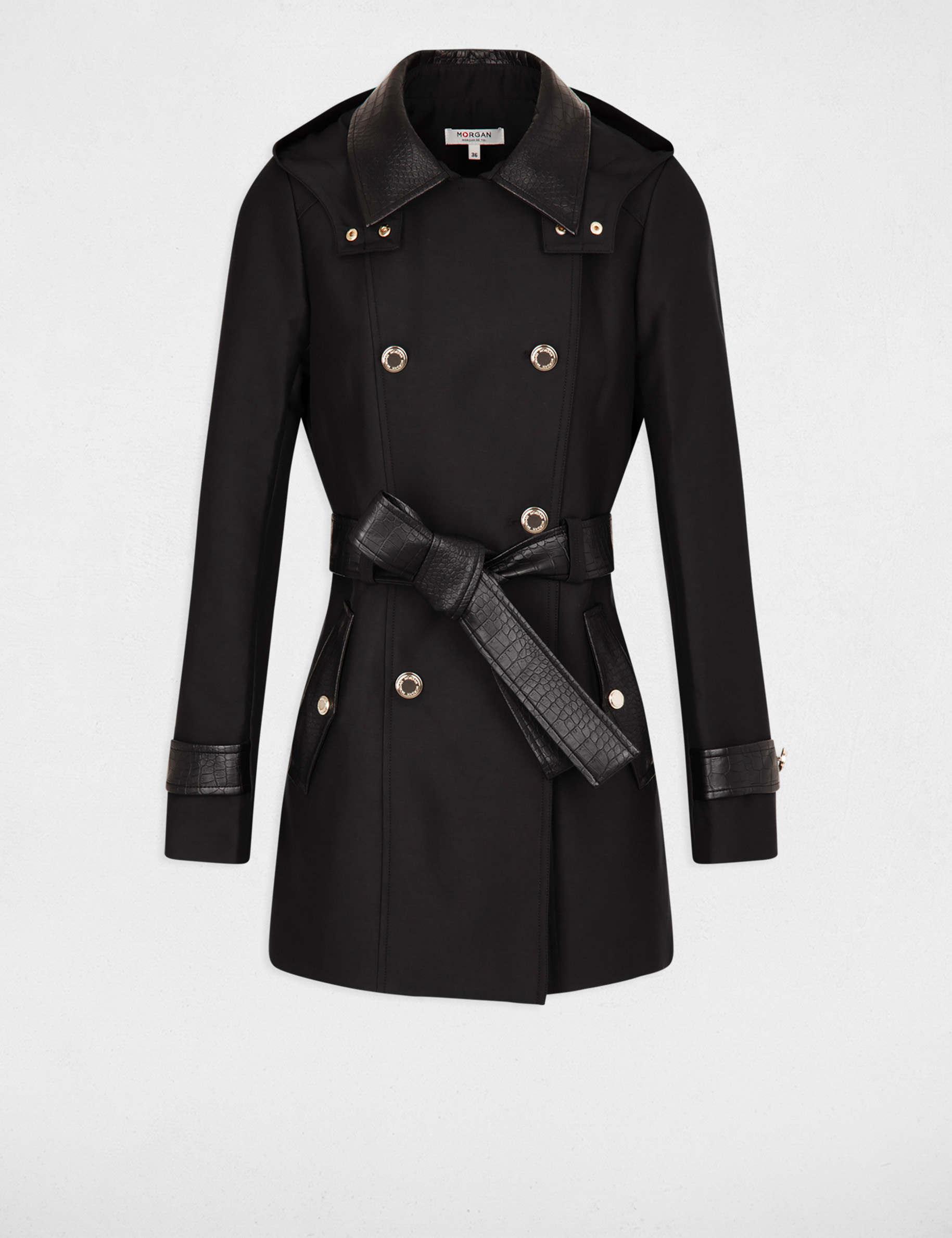 gabardina con cuero sintetico negro mujer Gabardina con cuero sintético negro mujer