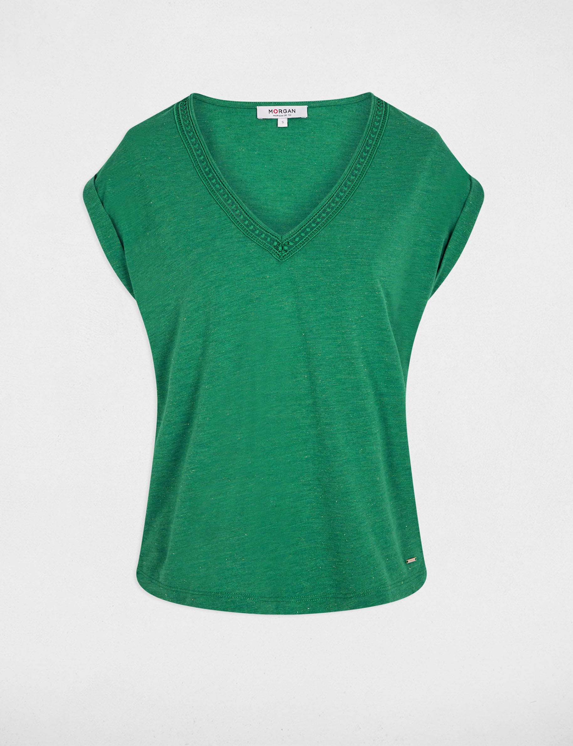 Camiseta brillante cuello v verde pradera mujer