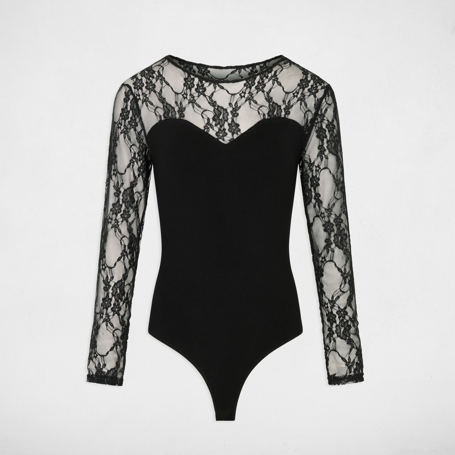 Body de encaje con cuello redondo negro mujer
