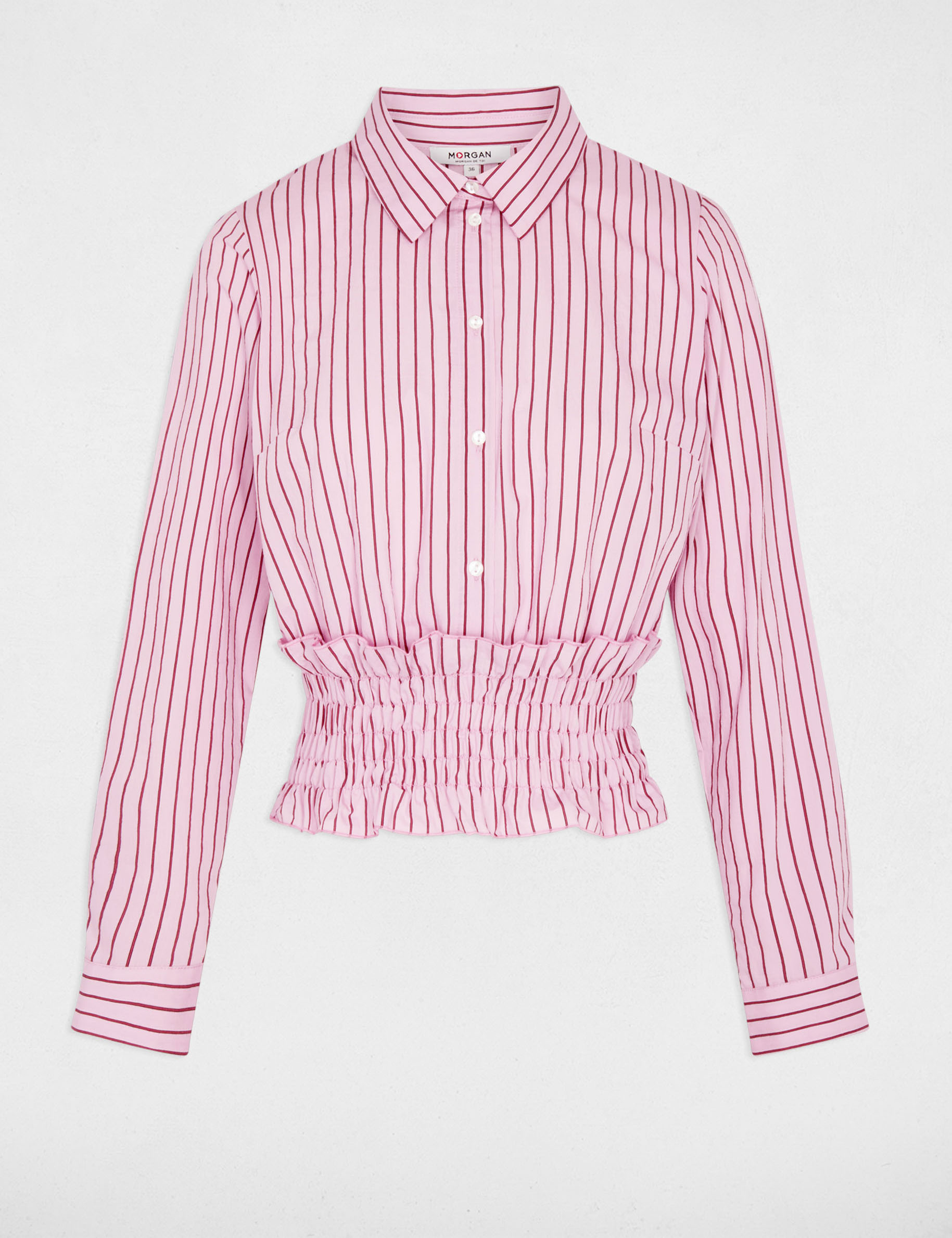 Camisa de rayas con cuello vuelto rosa mujer