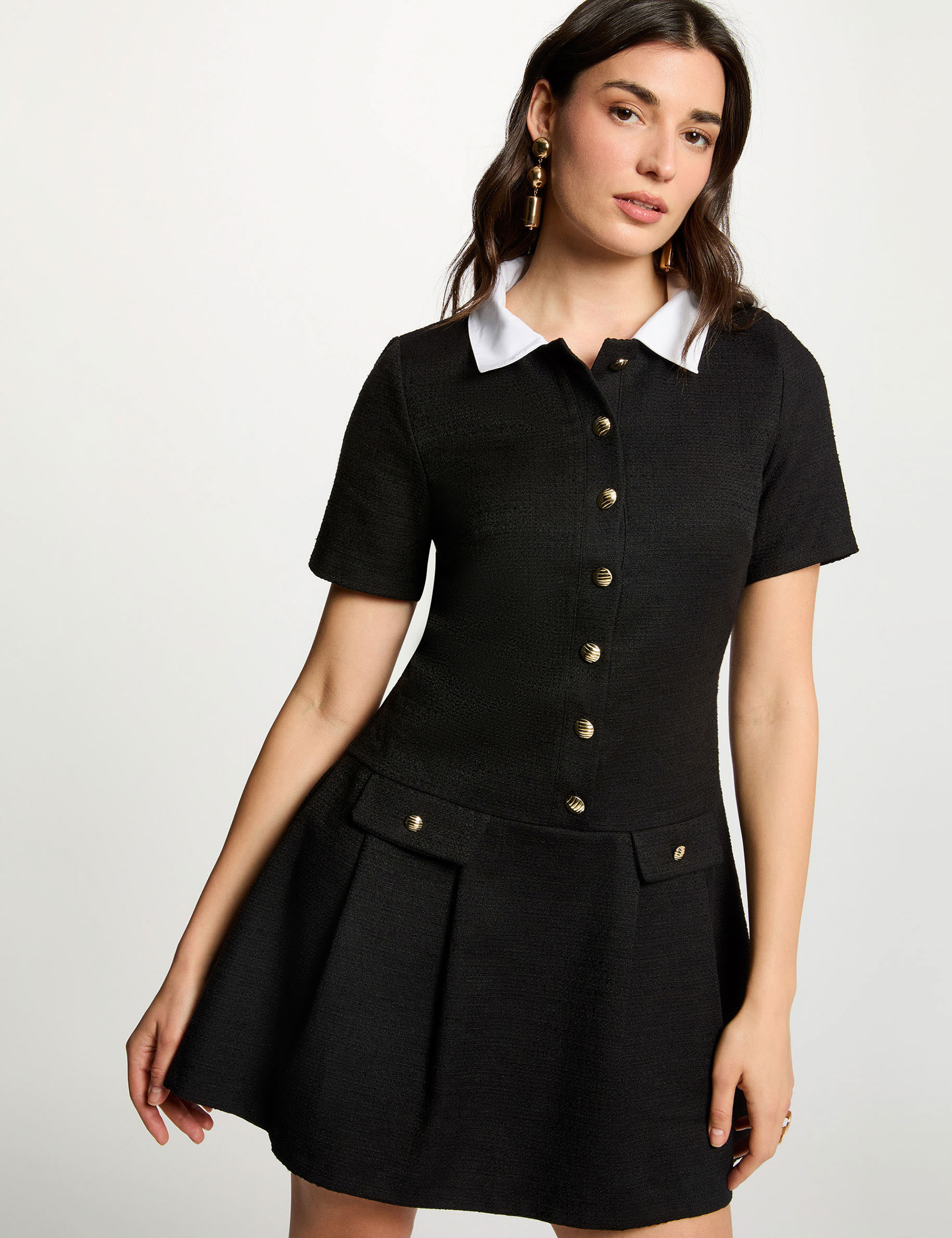 Vestido corto de tweed negro mujer