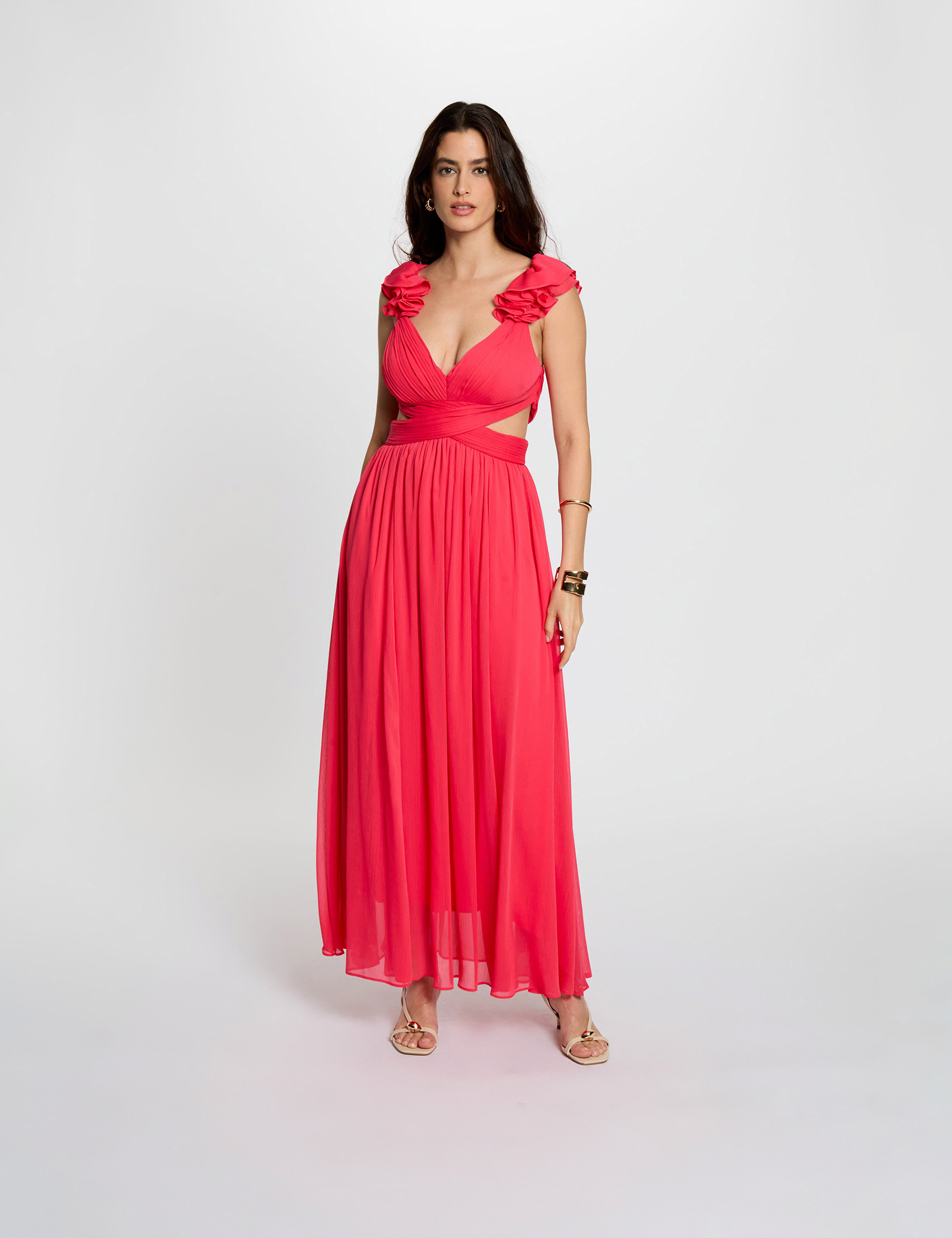 Vestido largo recto holgado rojo coral mujer