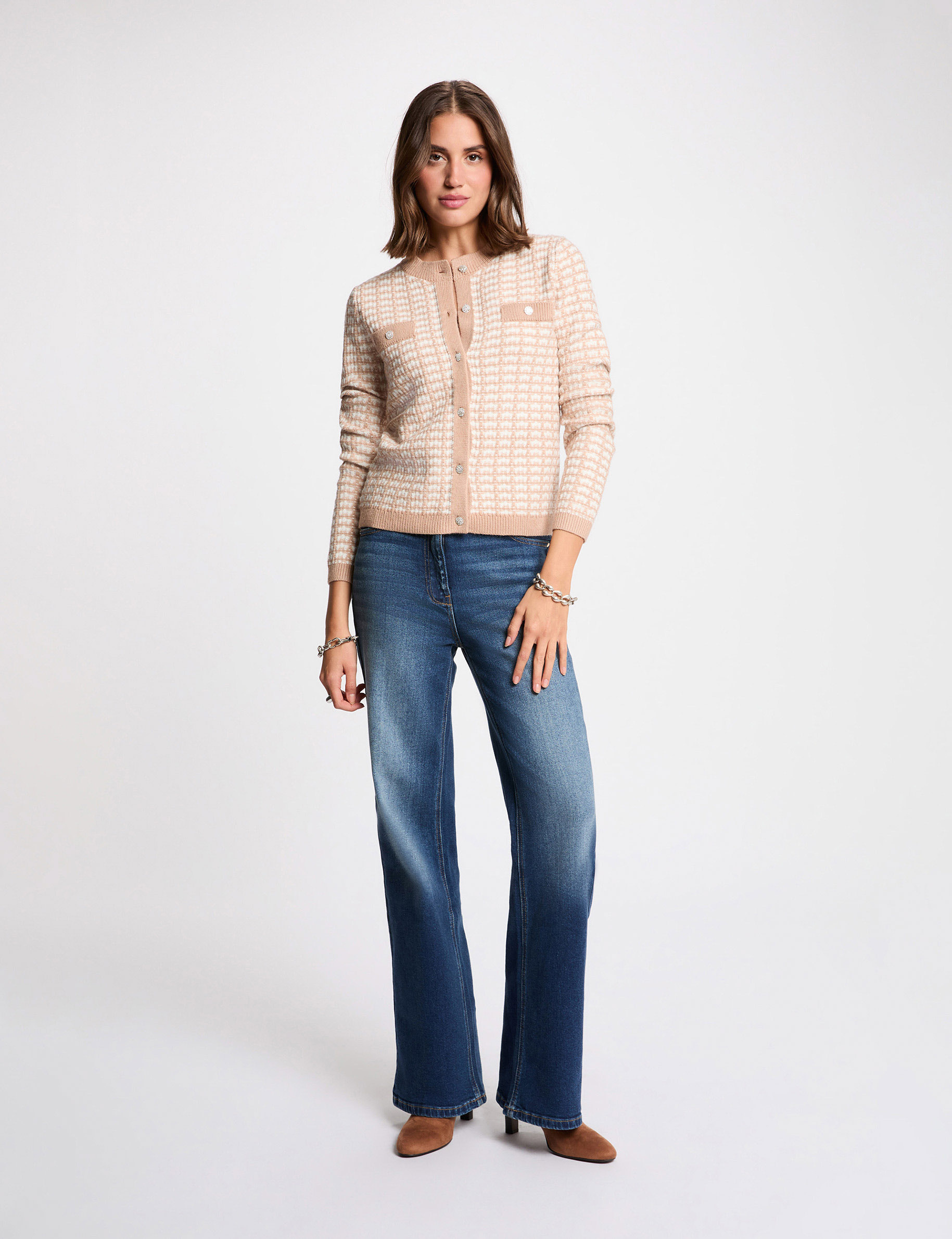 C&aacute;rdigan ajustado jacquard topo mujer