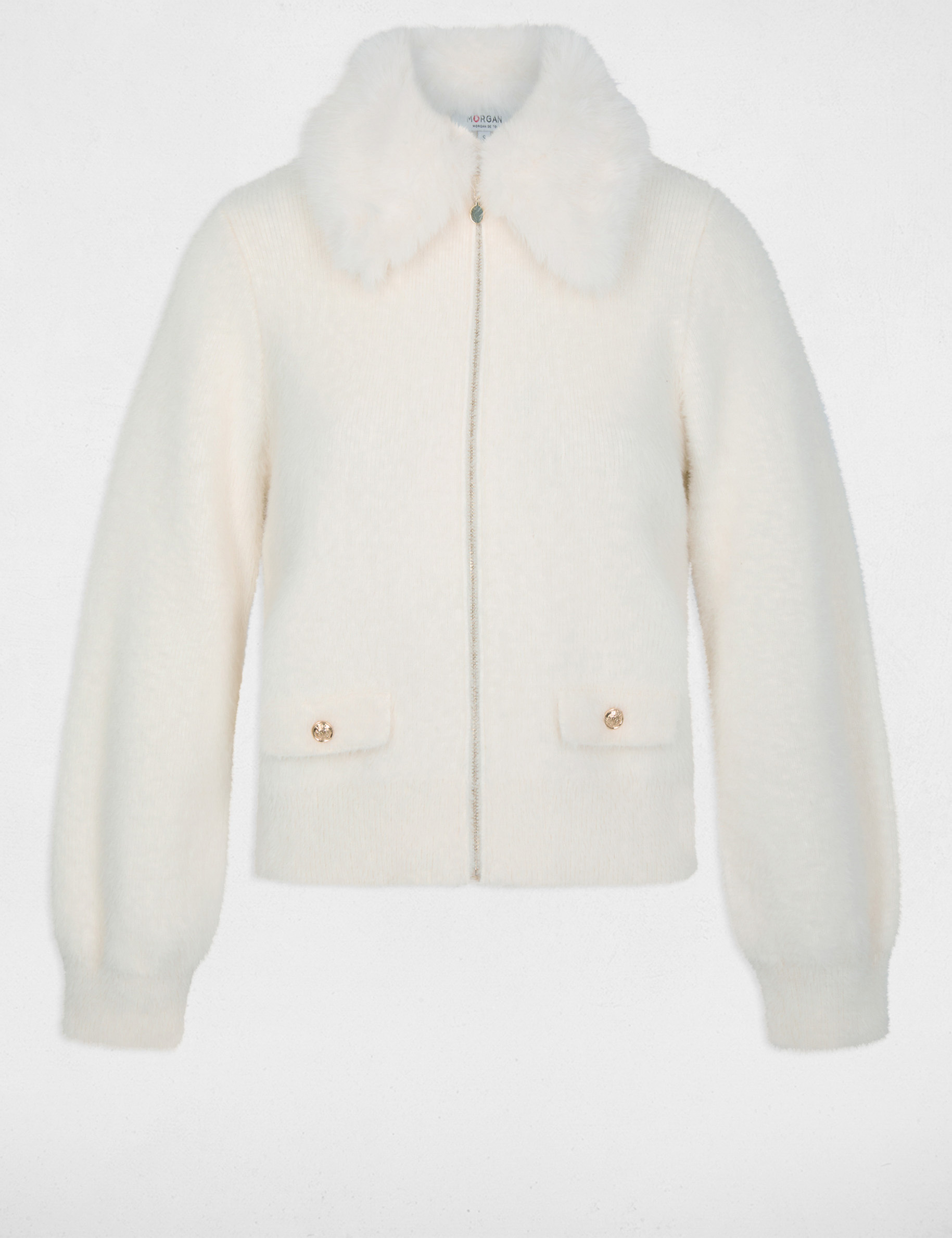 Chaqueta con cuello de piel marfil mujer