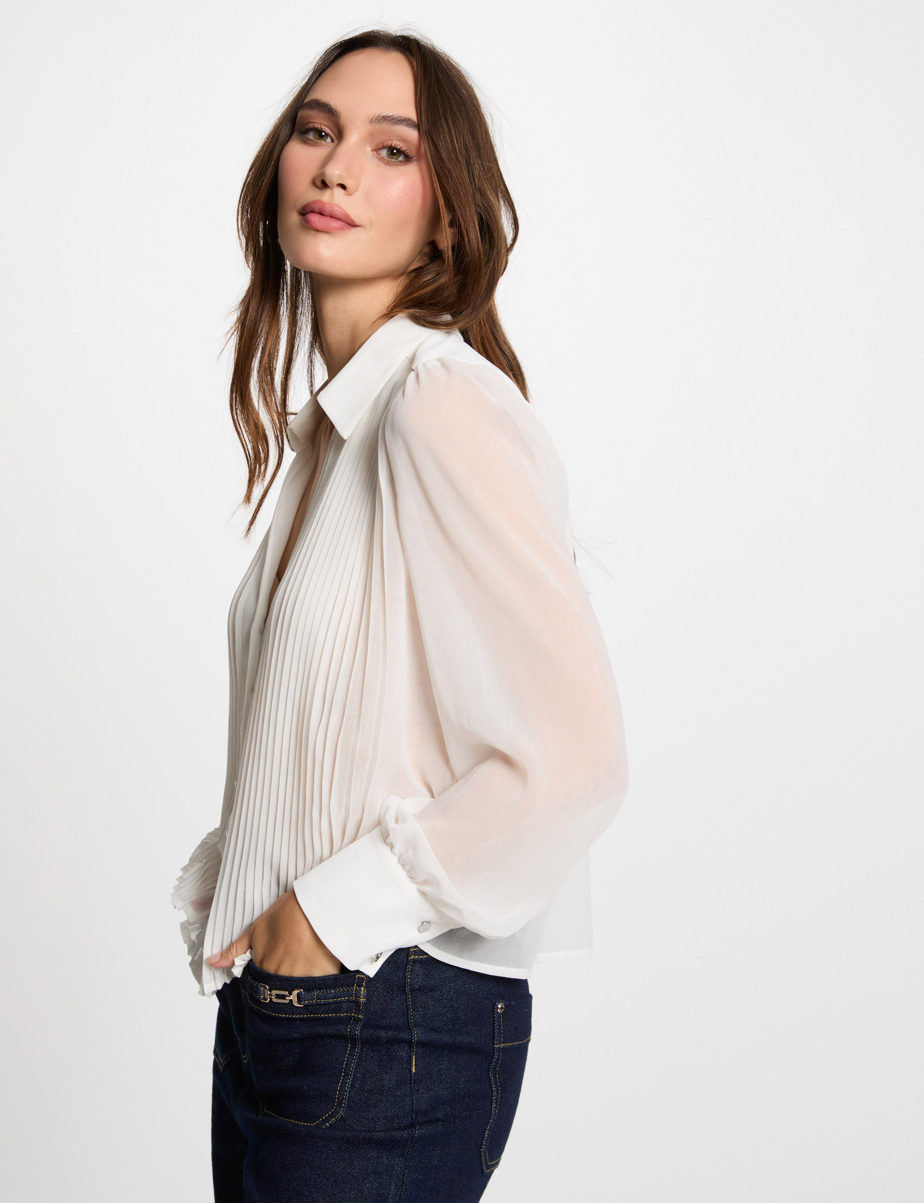camisa manga larga pliegues blanco mujer Camisa manga larga pliegues blanco mujer