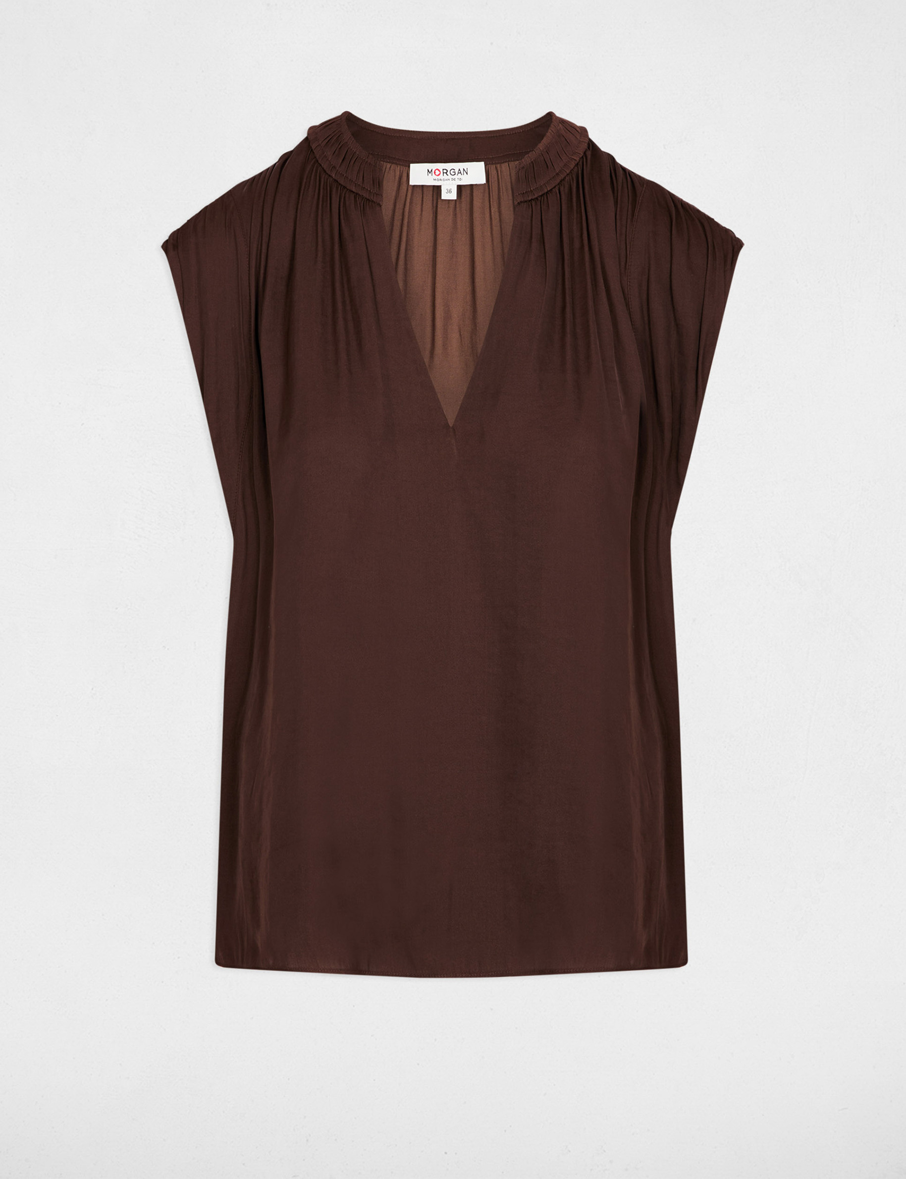 Blusa manga corta satinada marr&oacute;n oscuro mujer