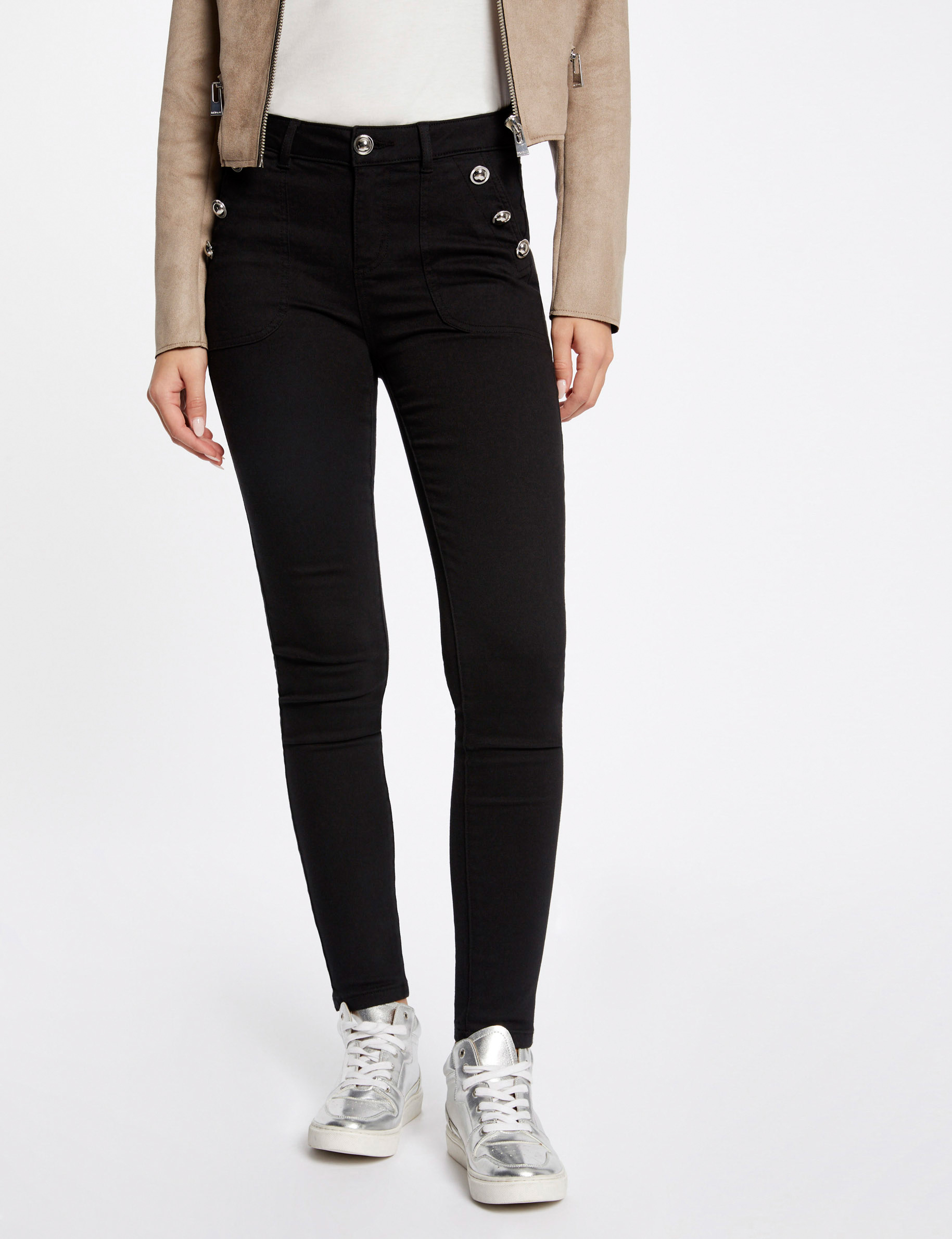 pantalon skinny botones con bolsillos negro mujer Pantalón skinny botones con bolsillos negro mujer