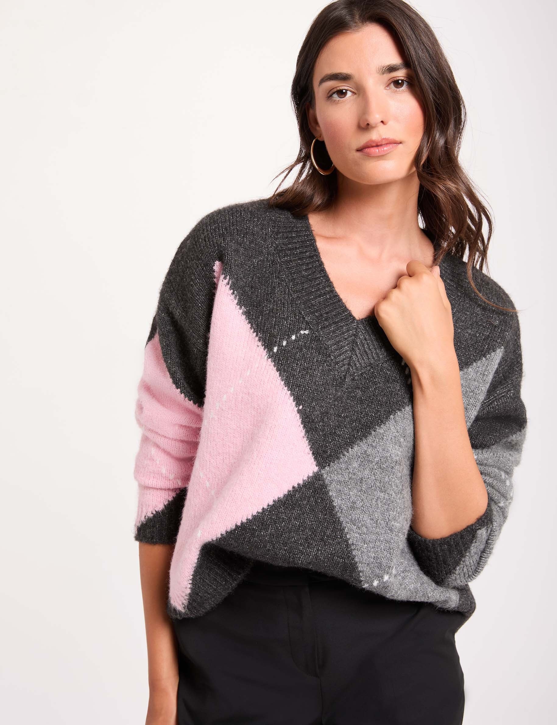 Jersey jacquard con cuello en v gris oscuro mujer