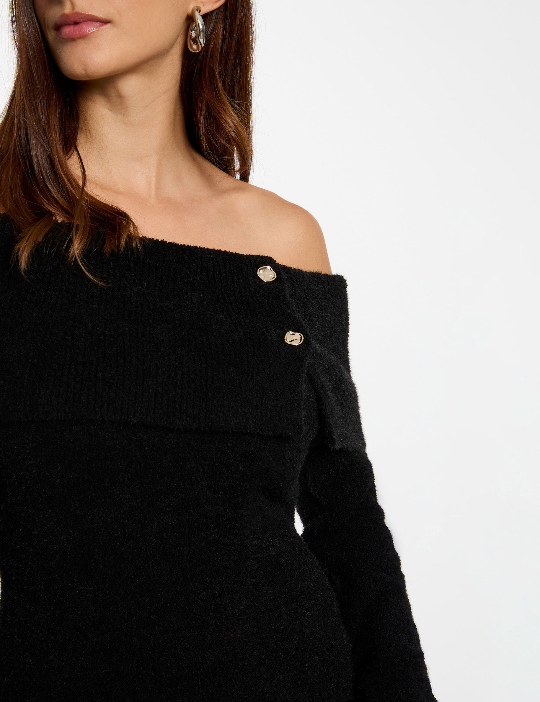 Vestido de punto con cuello bardot negro mujer