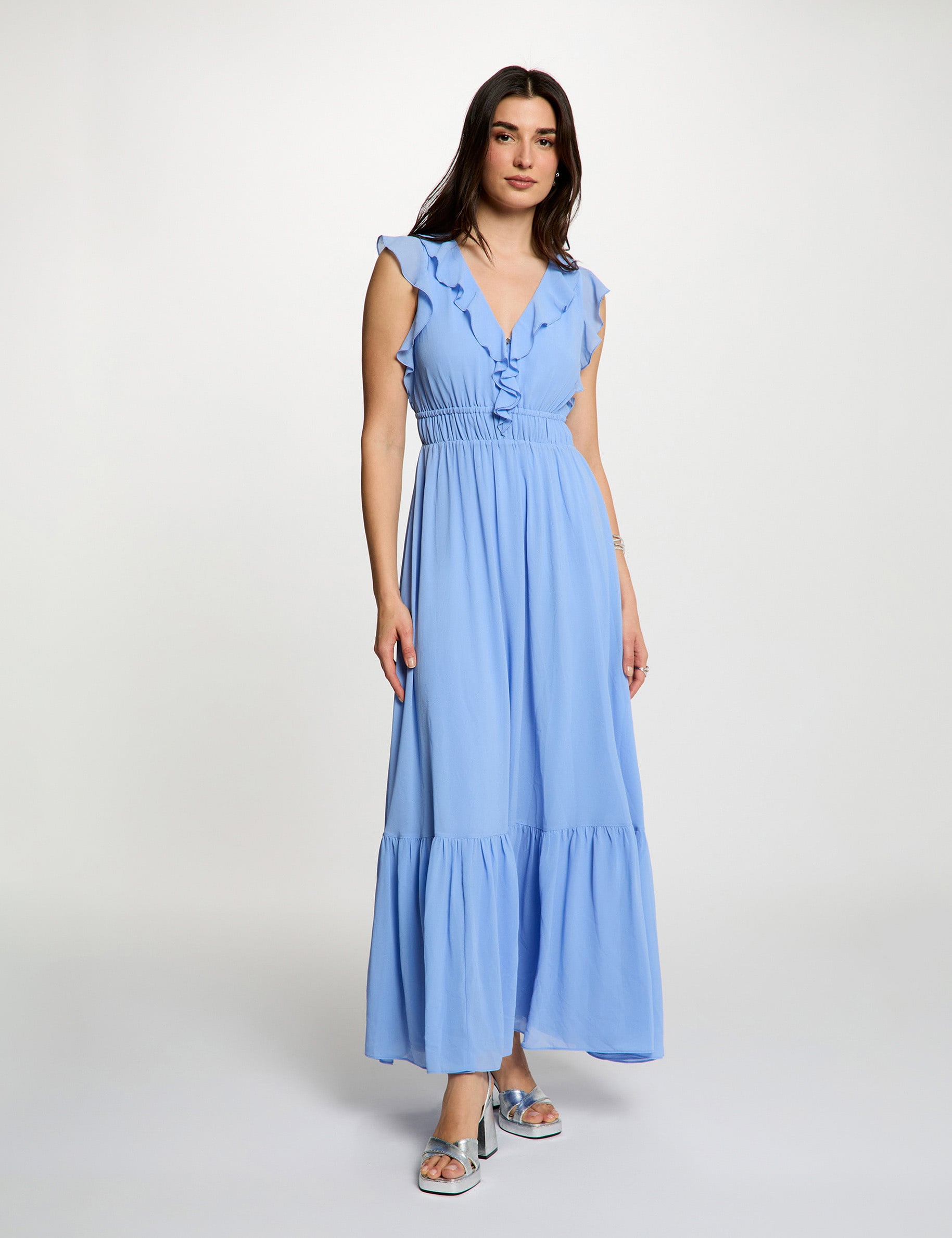 Vestido largo con cuello en v azul lavanda mujer