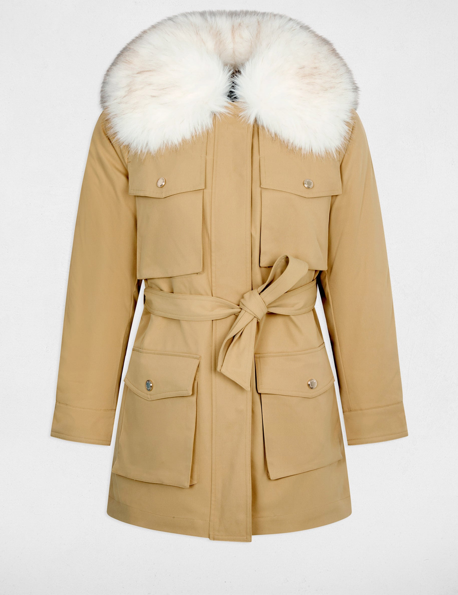Parka con cuello alto beige mujer