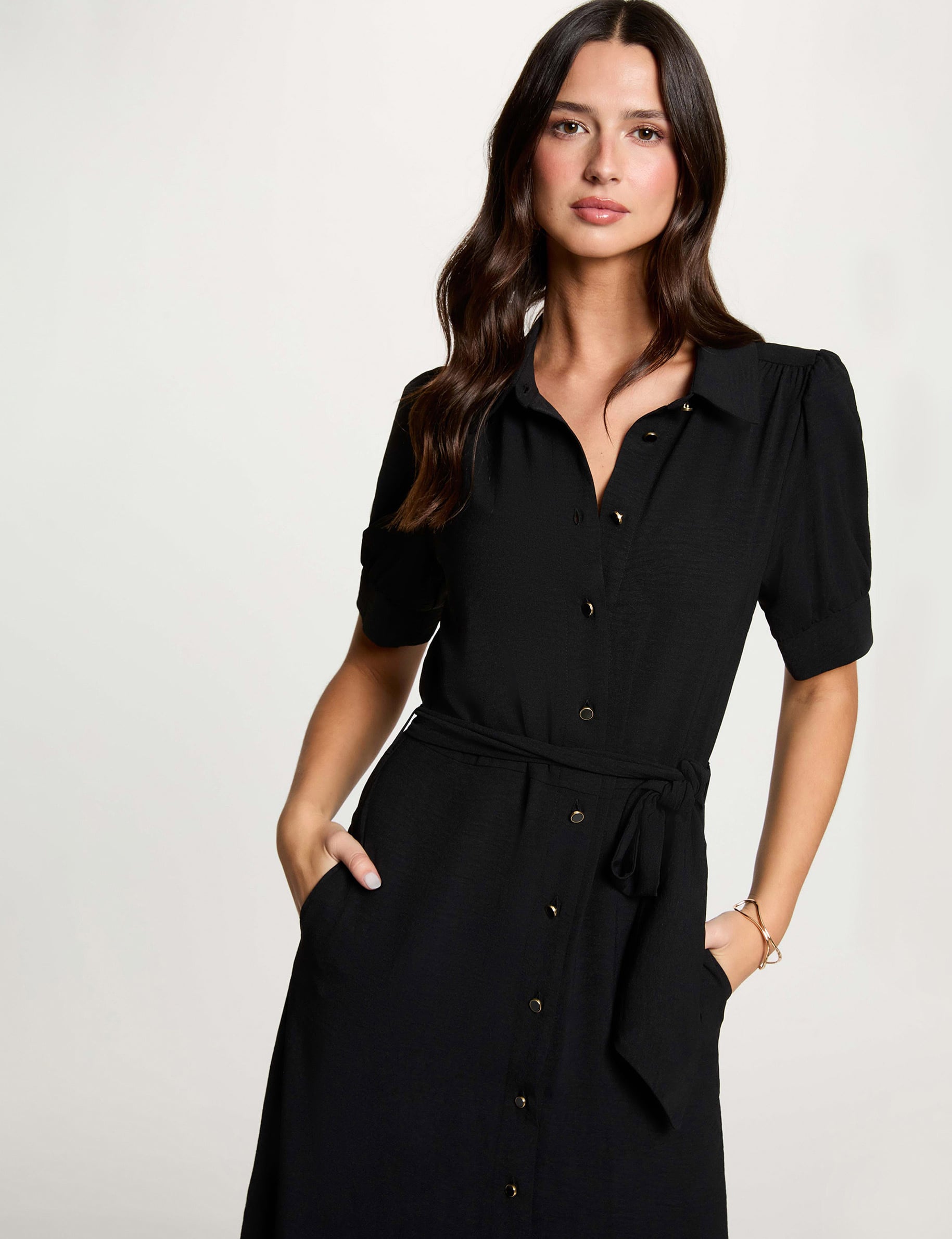Vestido de punto con mangas abullonadas negro mujer