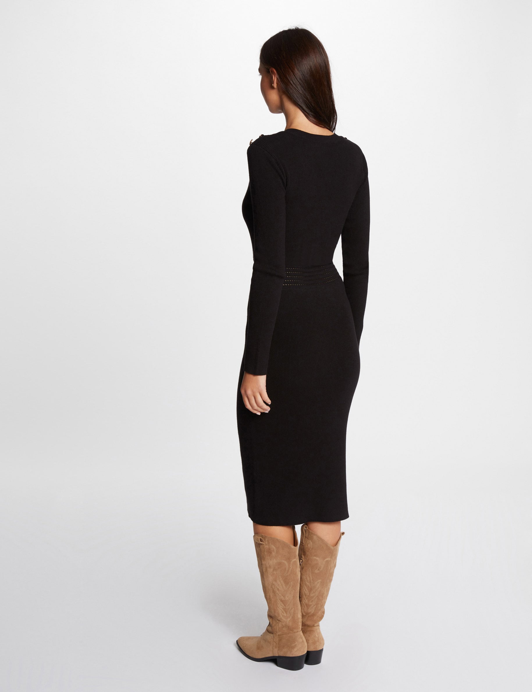 Vestido de punto midi ajustado negro mujer