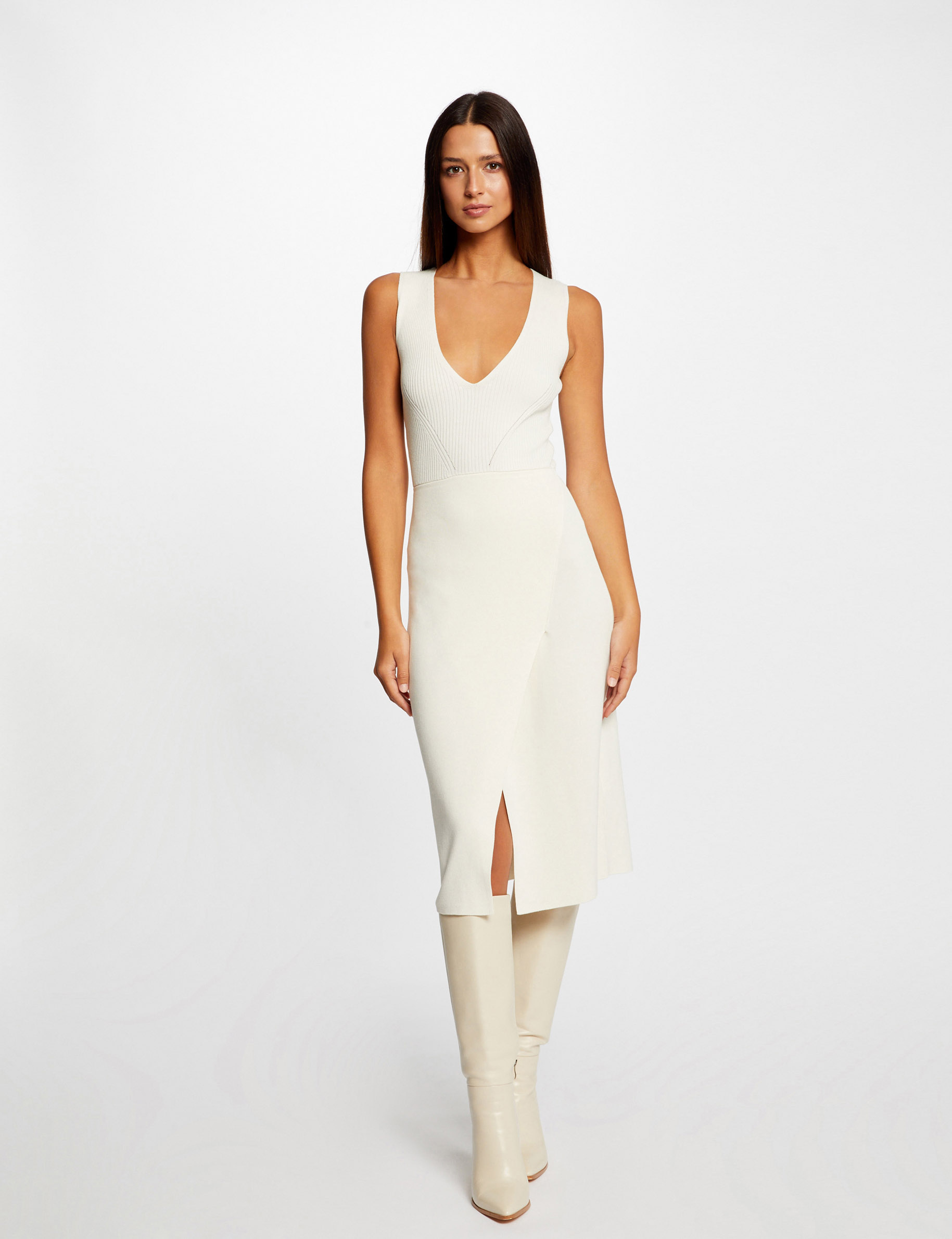 Vestido de punto midi ajustado marfil mujer