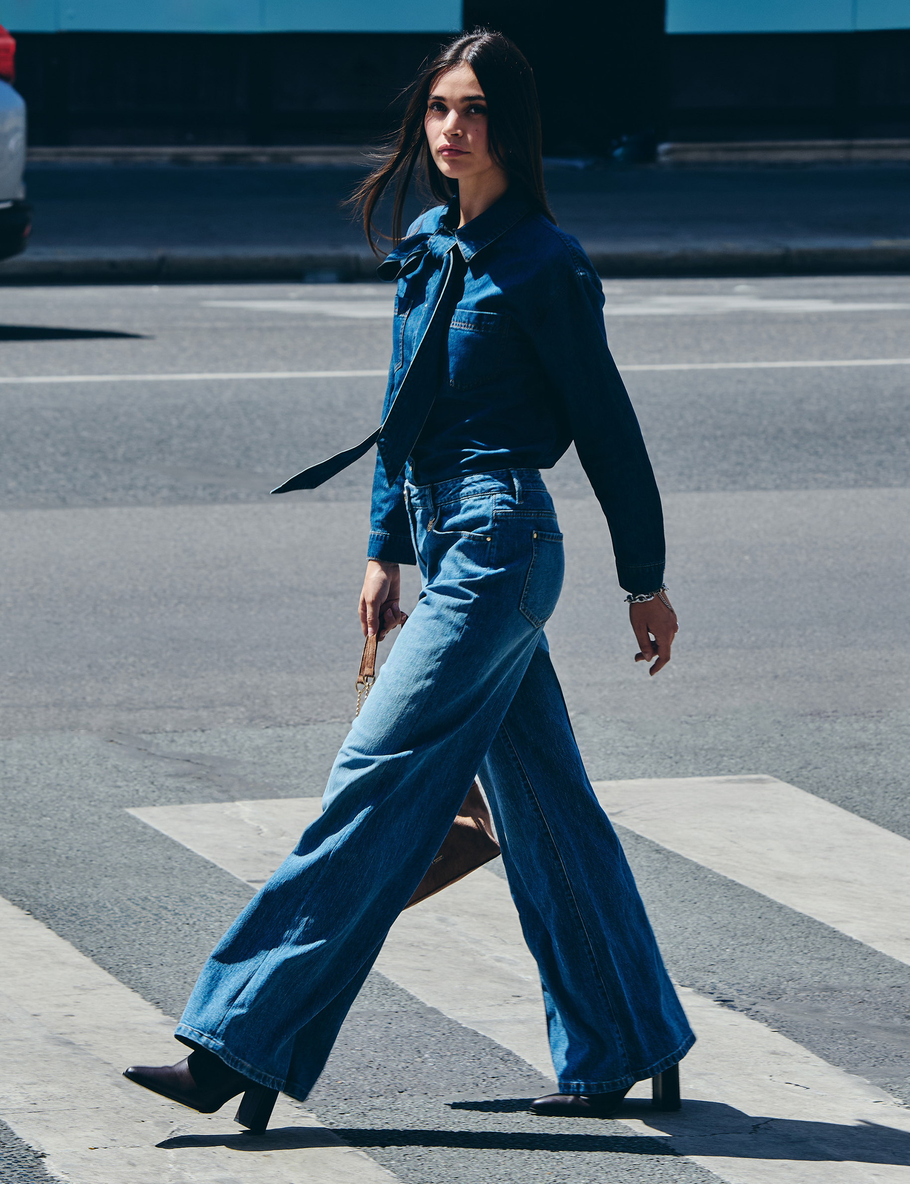 Vaqueros anchos de tiro alto denim stone mujer