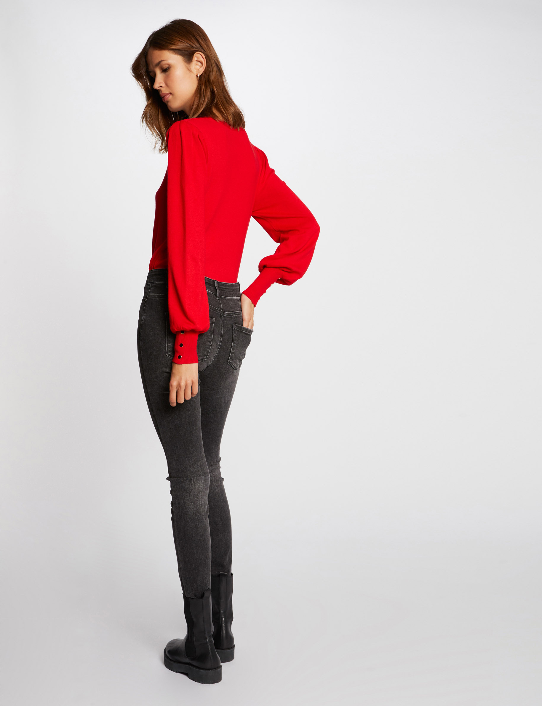 Jersey manga larga con escote en V rojo mujer