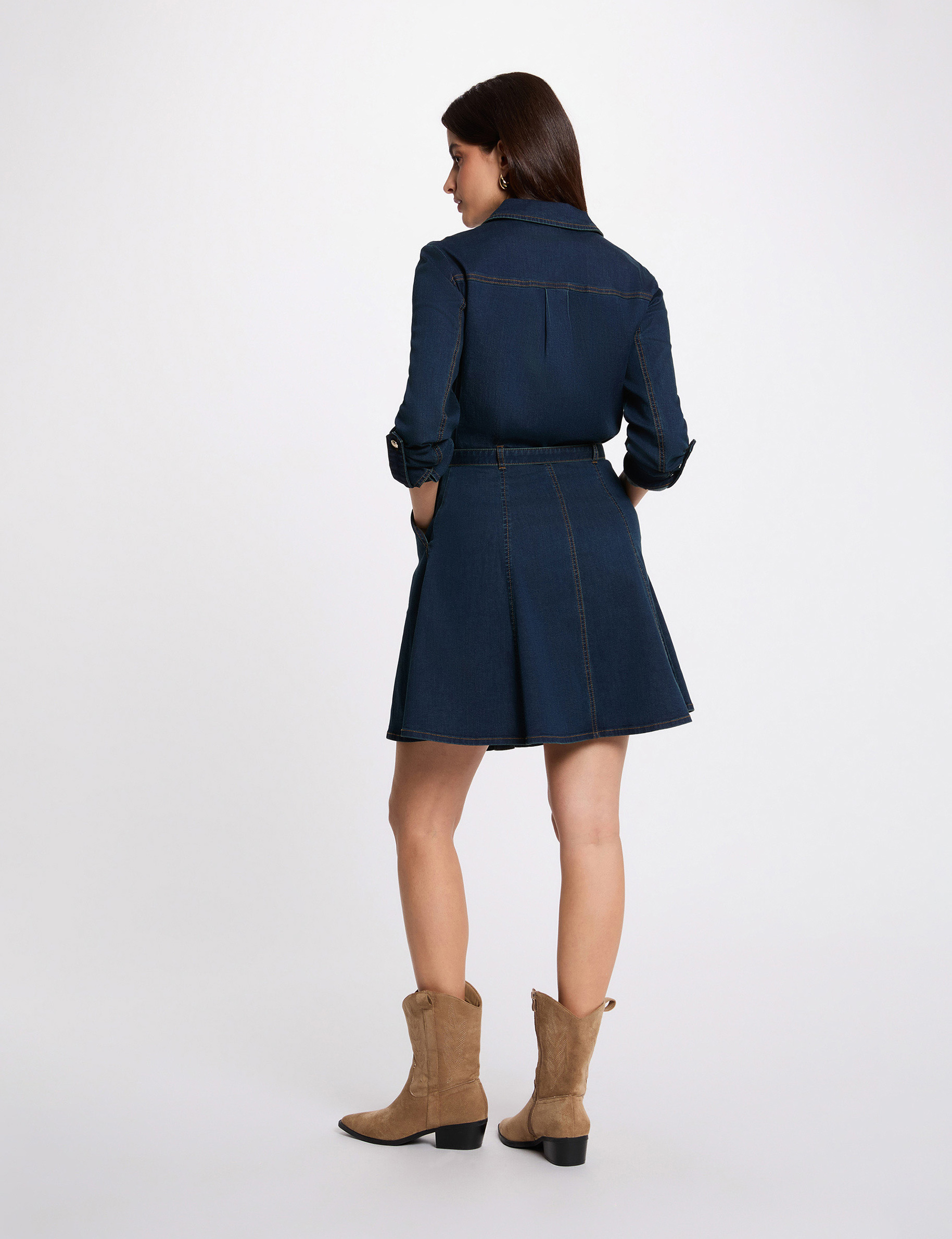 Vestido corto ajustado denim crudo mujer