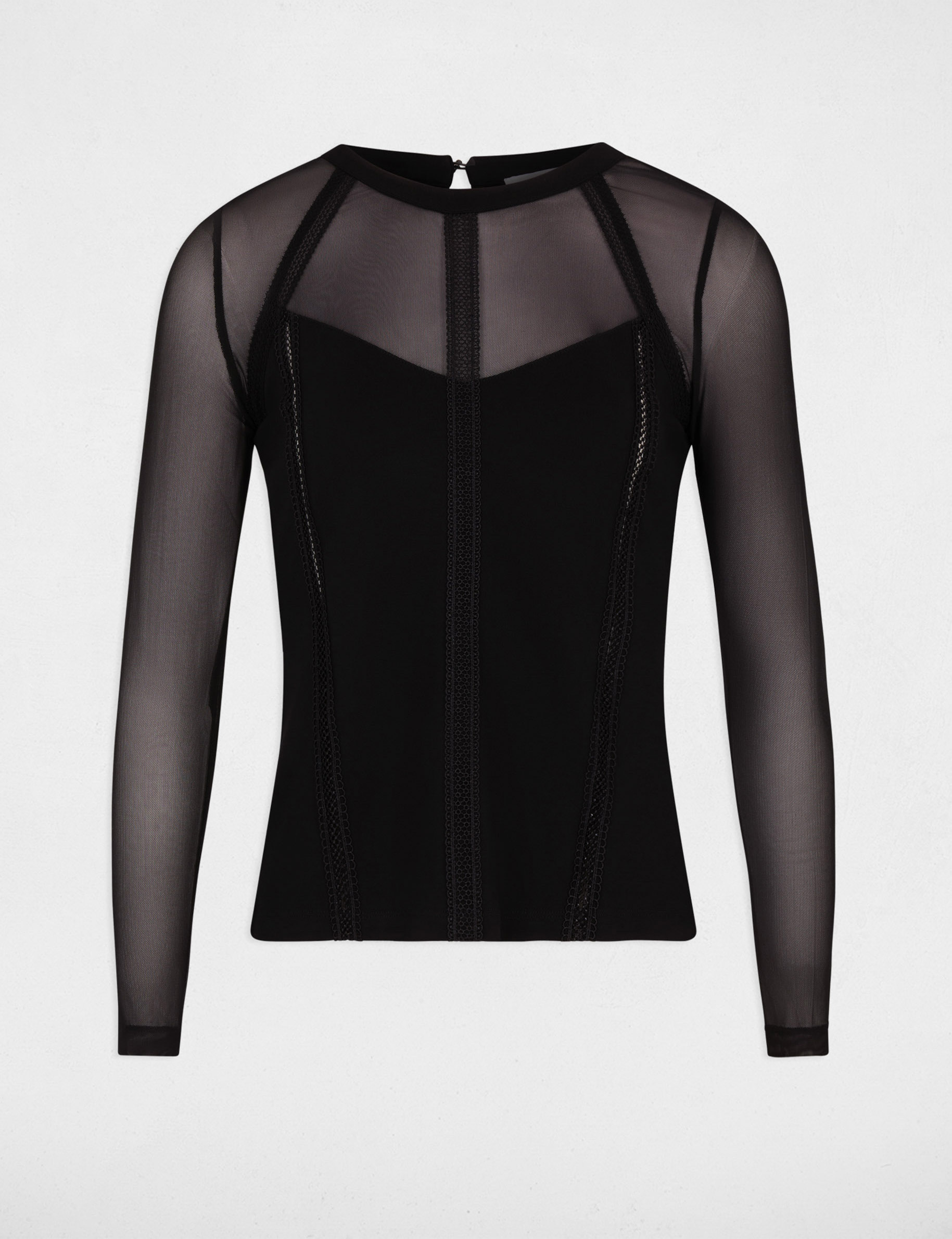 Camiseta de encaje manga larga negro mujer