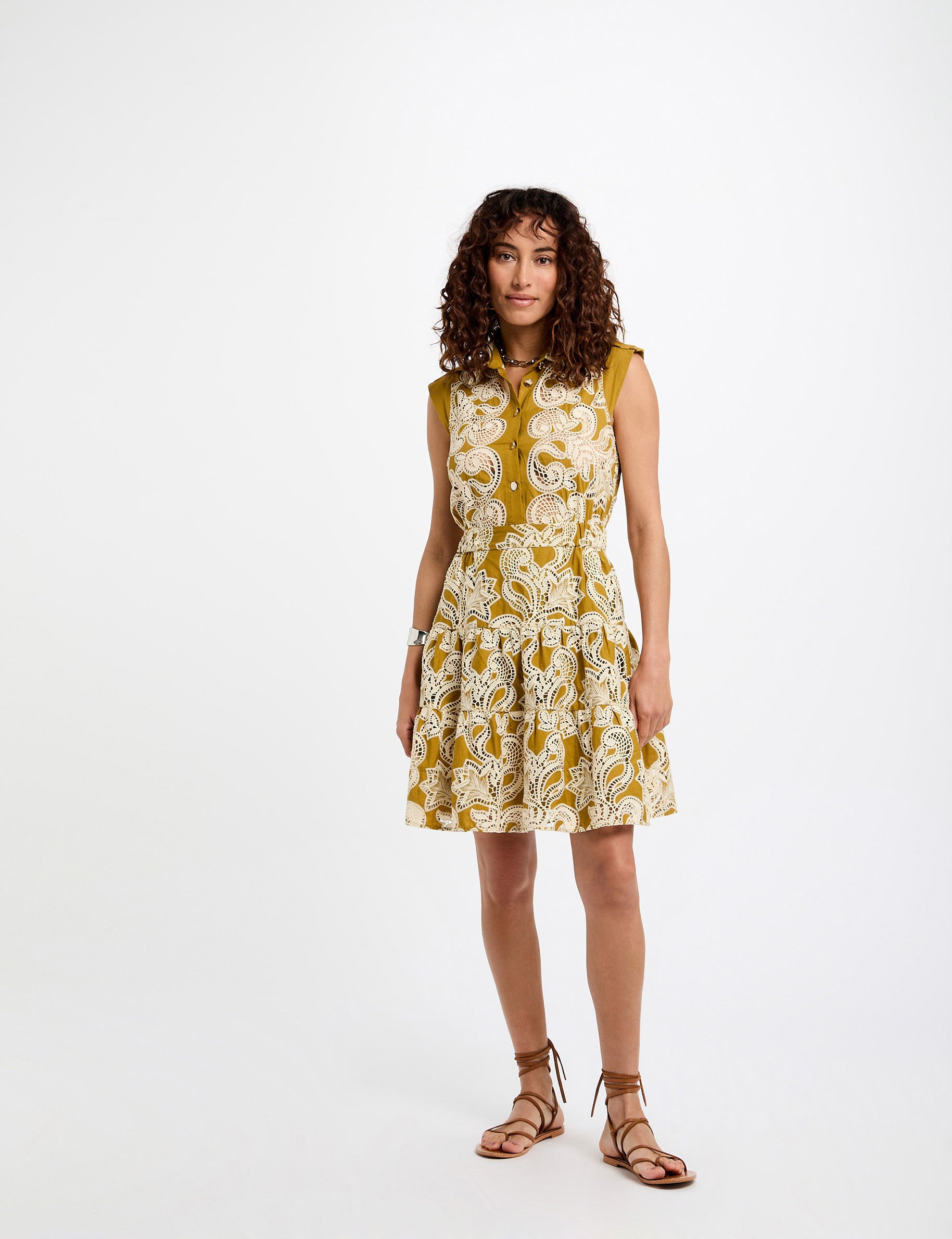 vestido evase bordado verde caqui mujer Vestido evasé bordado verde caqui mujer
