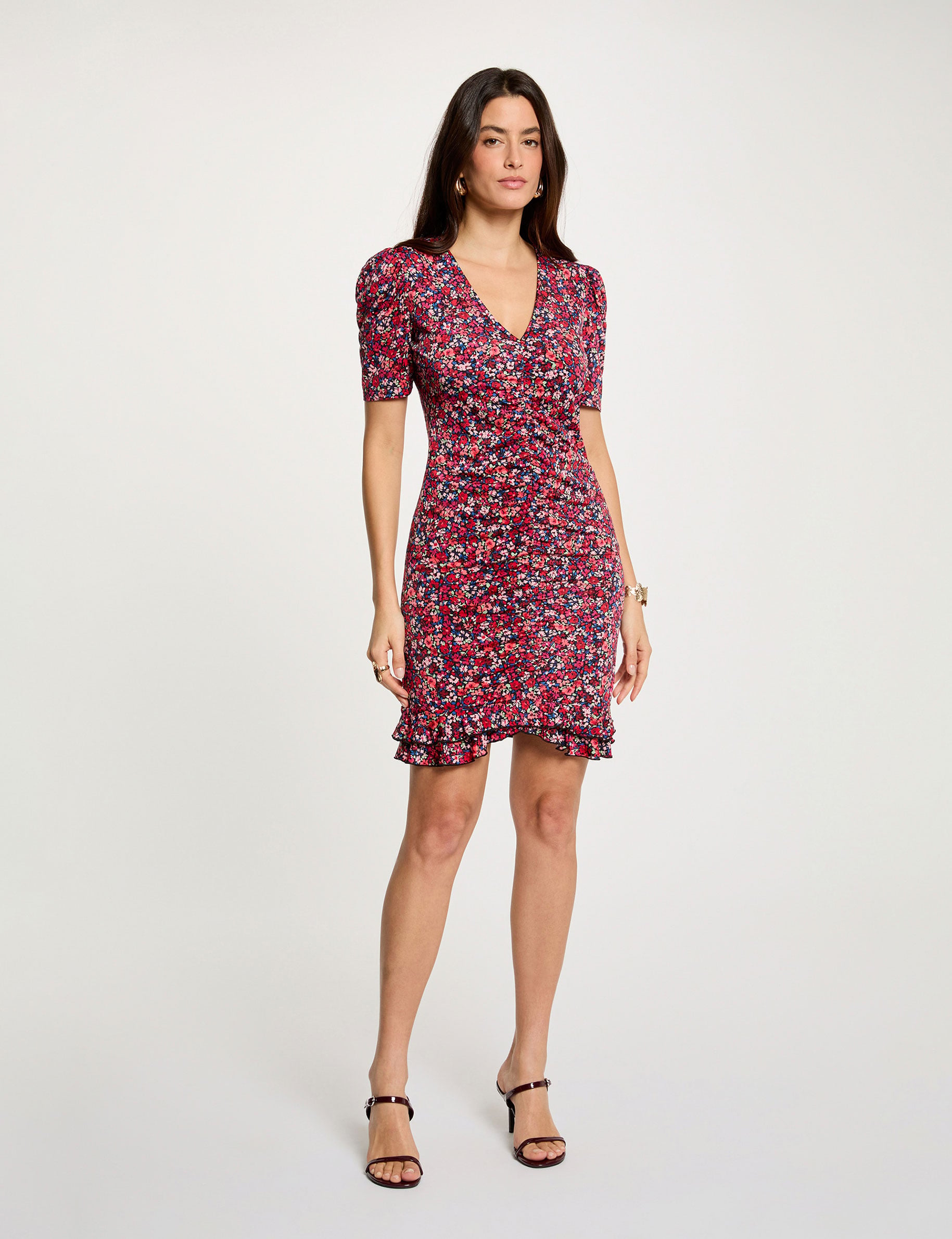 Vestido corto con mangas abullonadas multicolor mujer