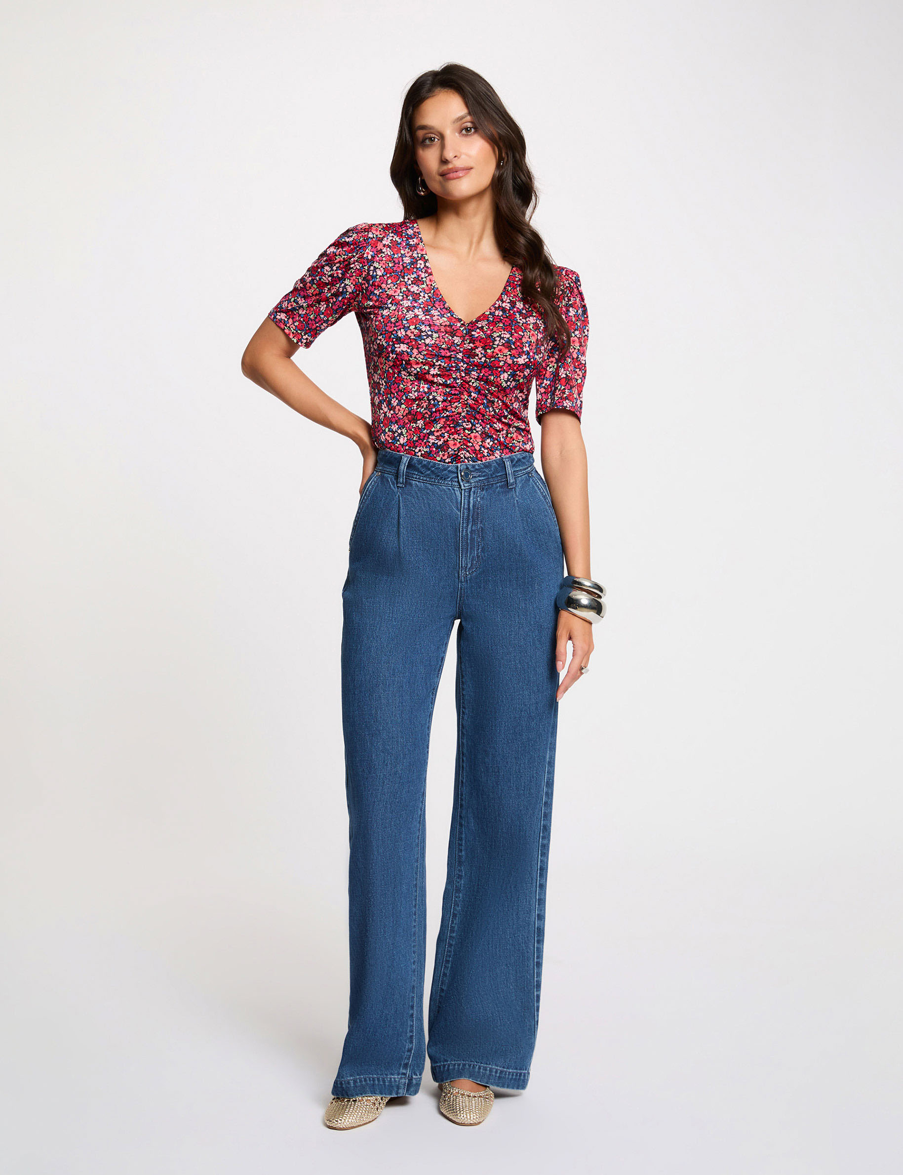 Camiseta ajustada cuello v multicolor mujer