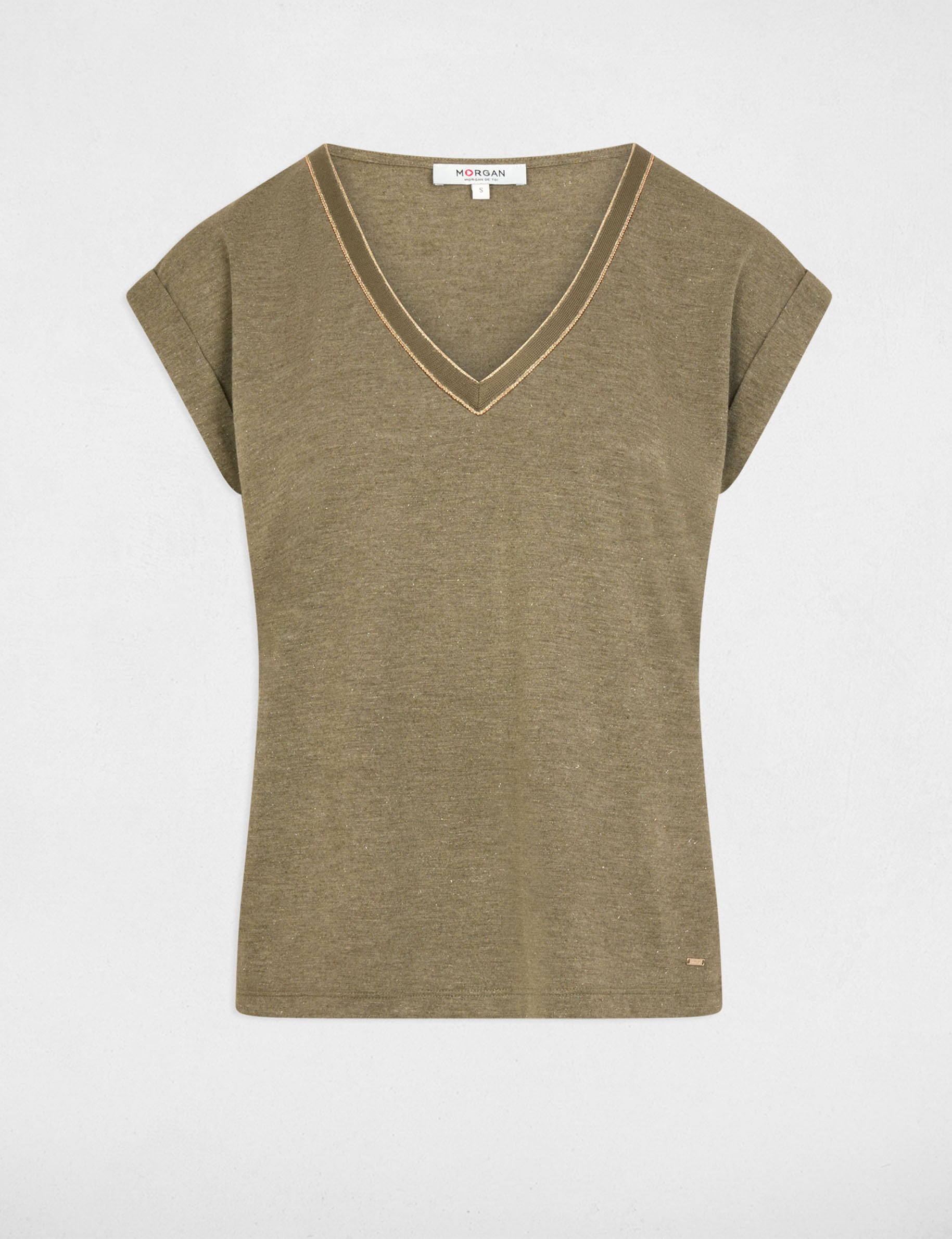 Camiseta de manga corta verde caqui mujer