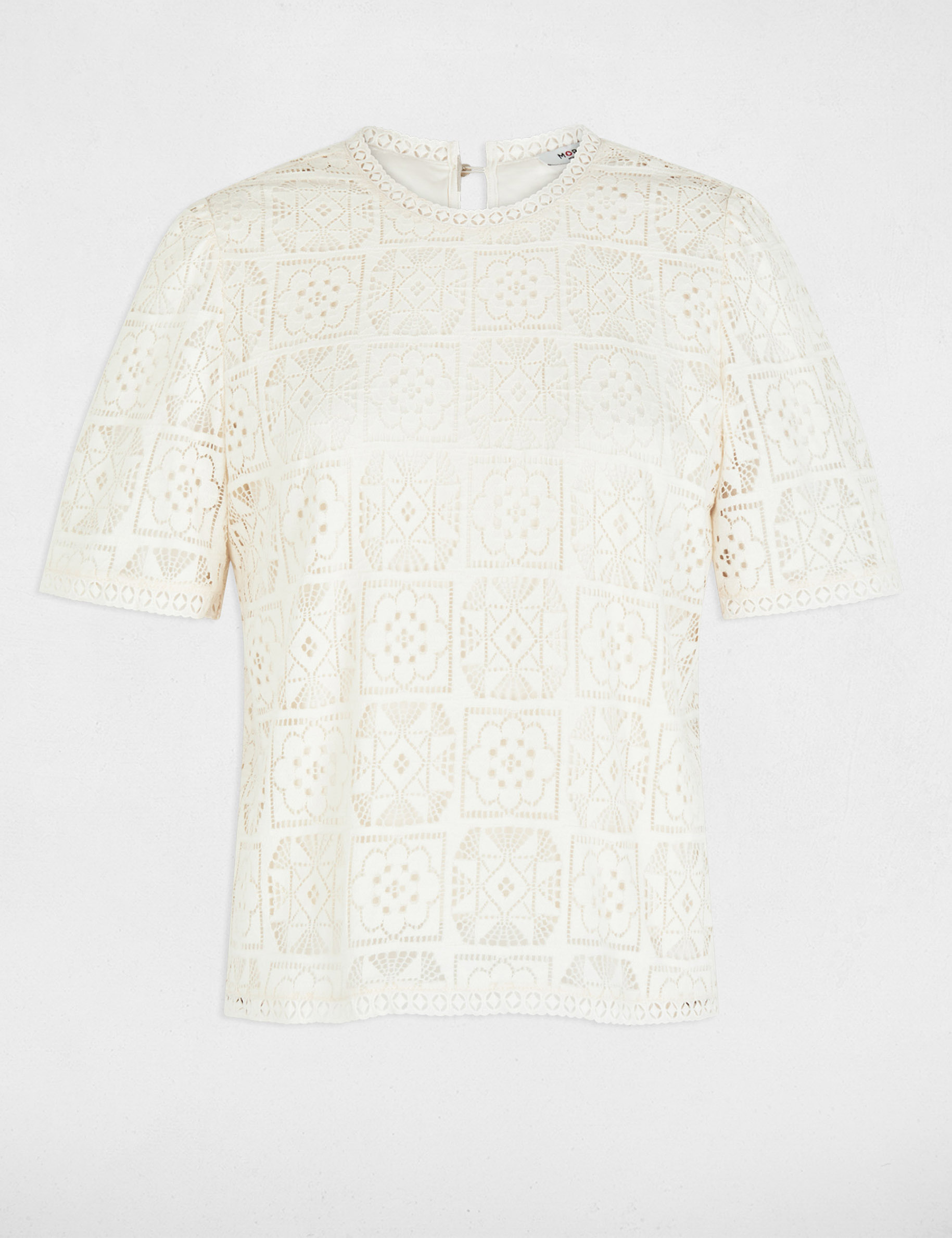Camiseta encaje cuello alto marfil mujer