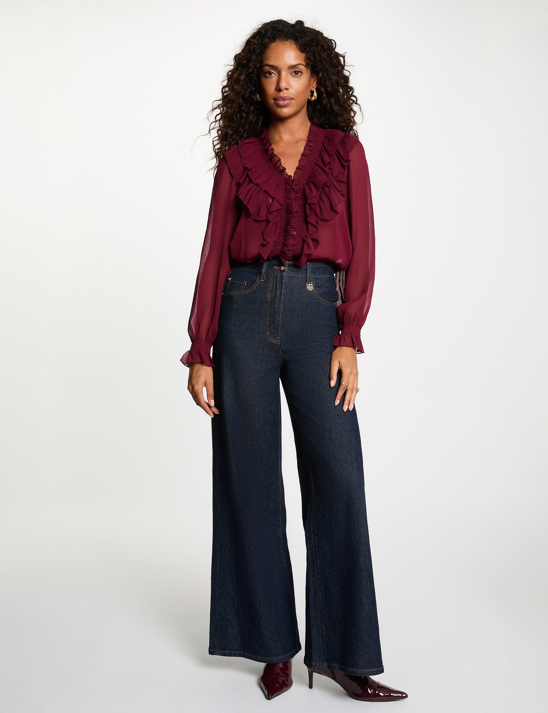 Camisa fluida con cuello en v burdeos mujer