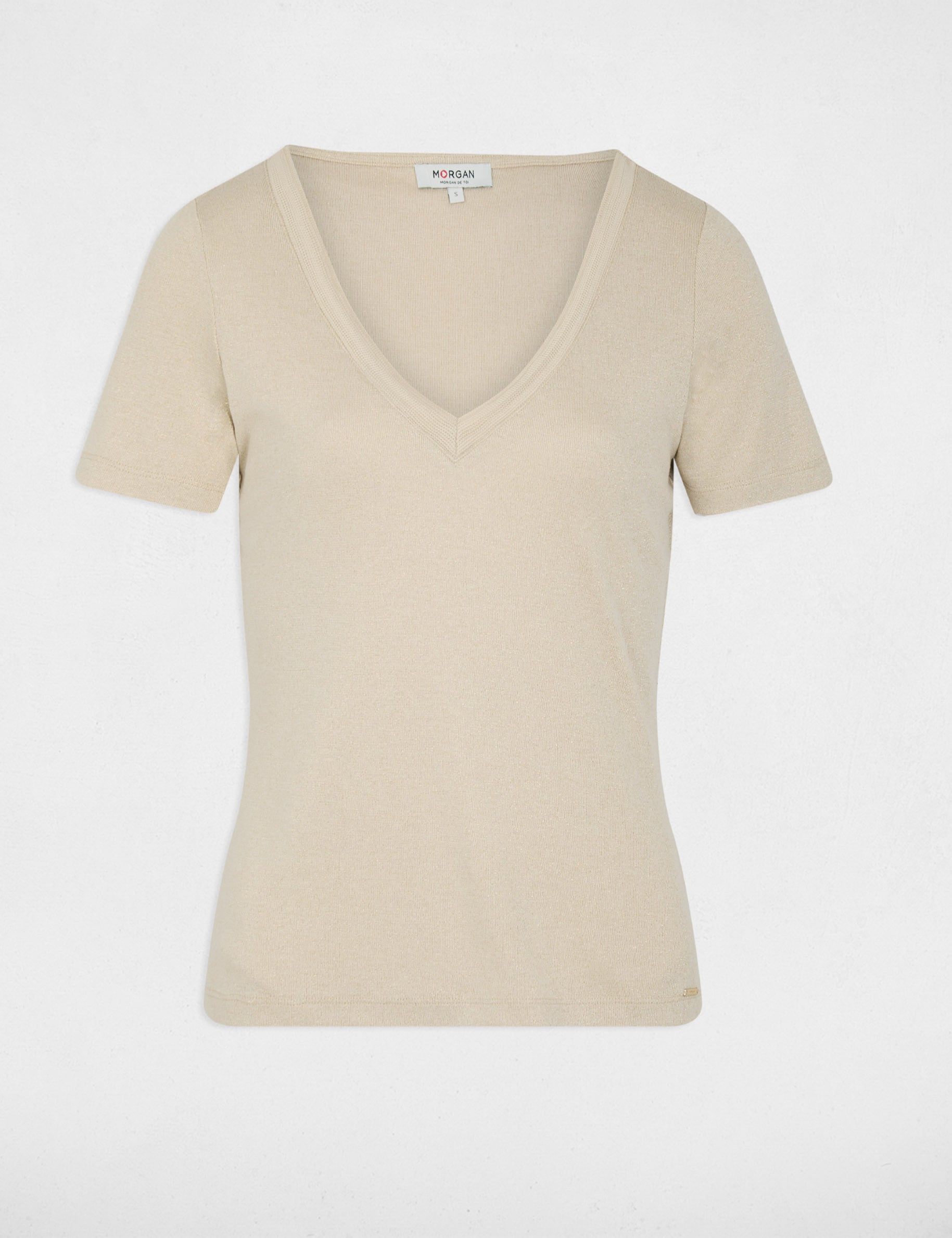 Camiseta entallada cuello v marfil mujer