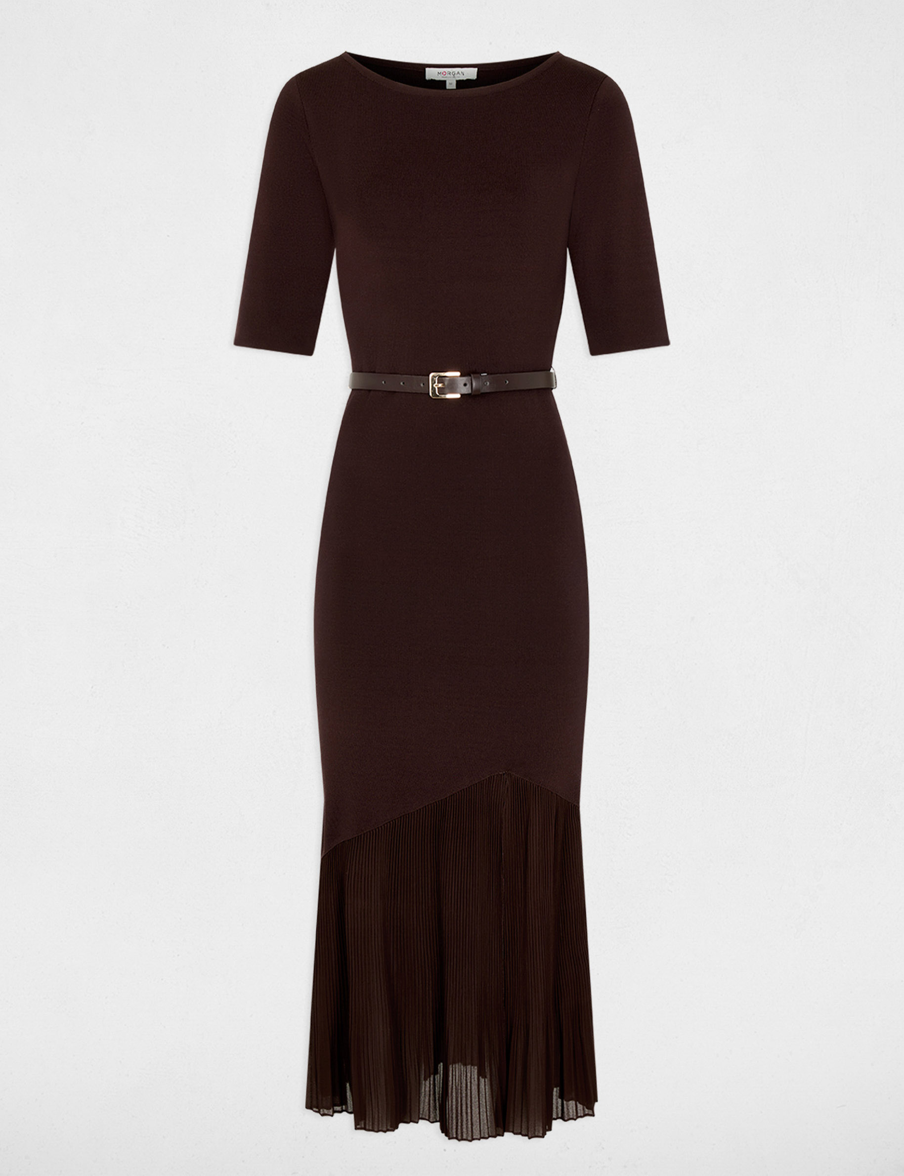 Vestido de punto con cintur&oacute;n marr&oacute;n oscuro mujer