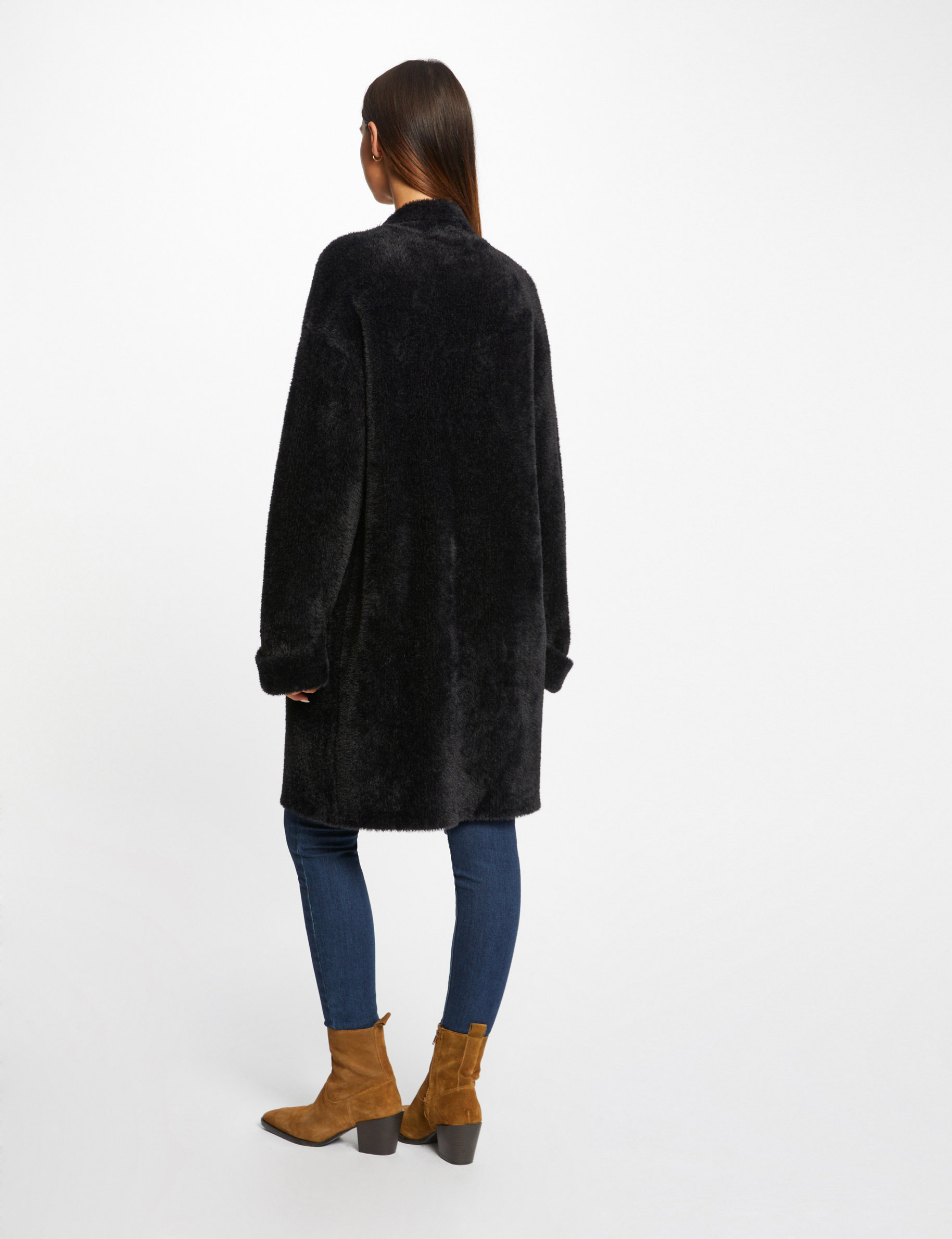 cardigan largo recto punto aterciopelado negro mujer Cárdigan largo recto punto aterciopelado negro mujer
