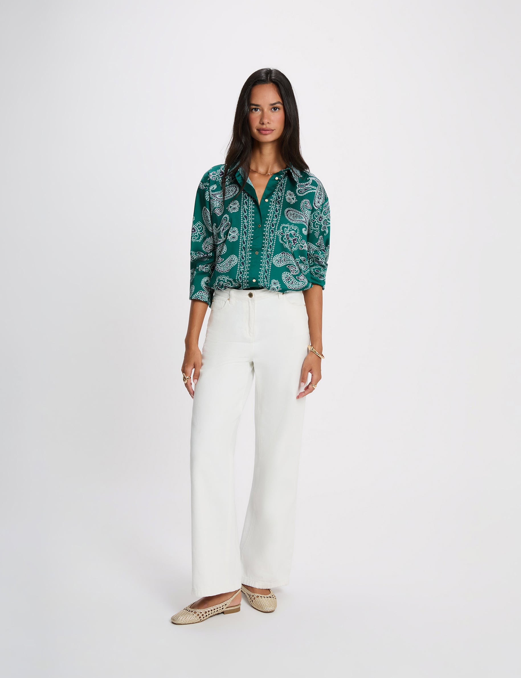 Camisa satinada con cuello abierto multicolor mujer