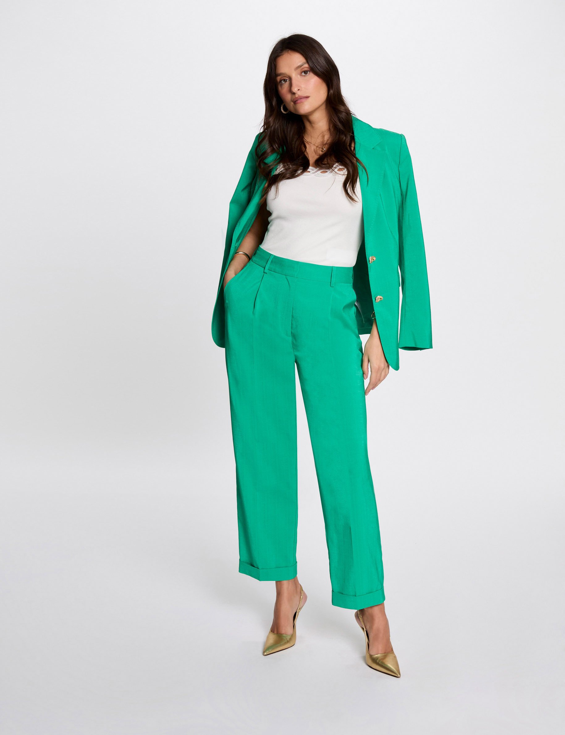 pantalon recto con pinzas verde emeralda mujer Pantalón recto con pinzas verde emeralda mujer