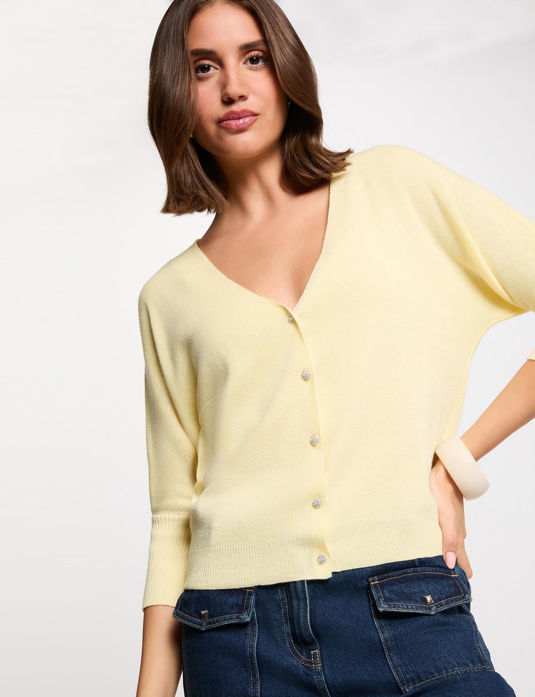 C&aacute;rdigan escote en V amarillo claro mujer