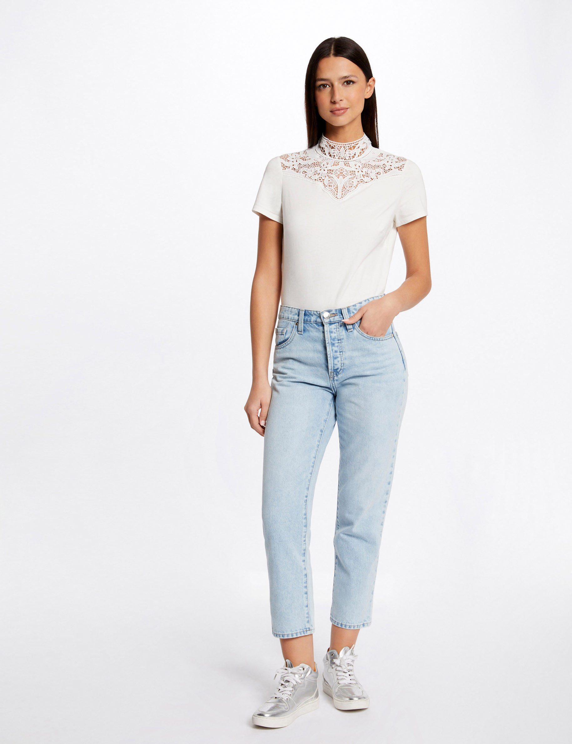 Camiseta manga corta con encaje crudo mujer