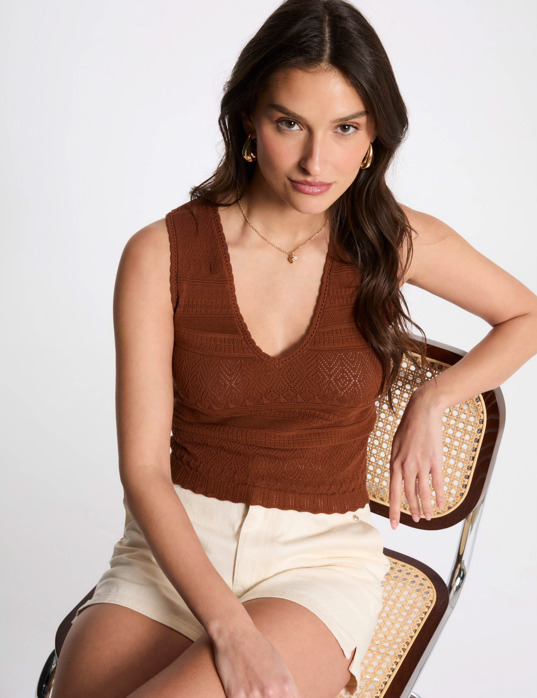 top punto escote en v marron conac mujer Top punto escote en V marrón coñac mujer