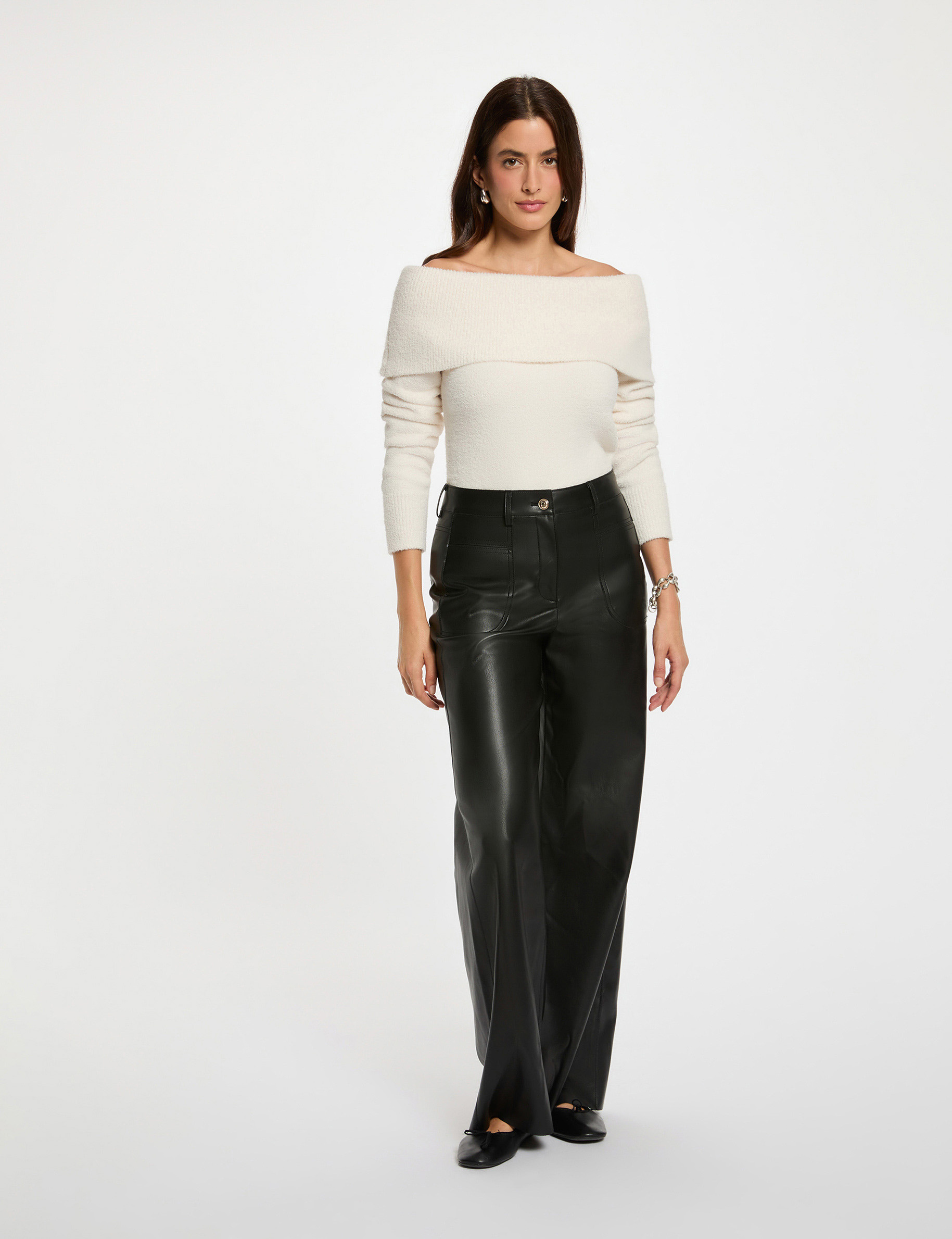 Jersey con cuello bardot marfil mujer