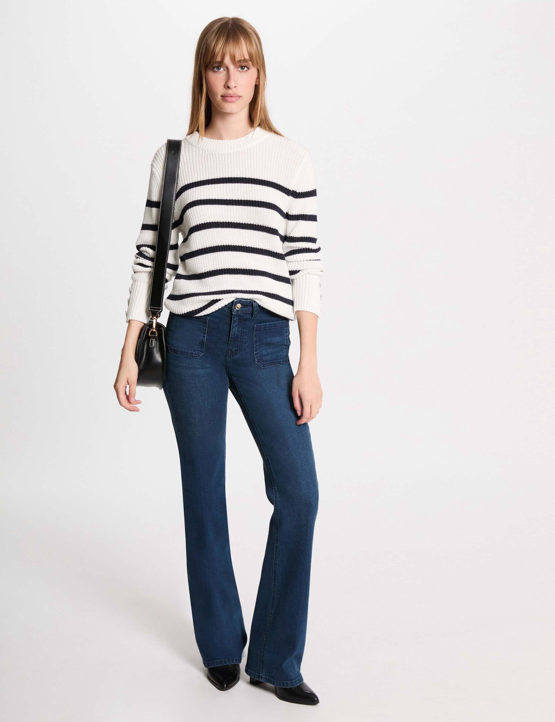 jersey cuello redondo y rayas blanco mujer Jersey cuello redondo y rayas blanco mujer