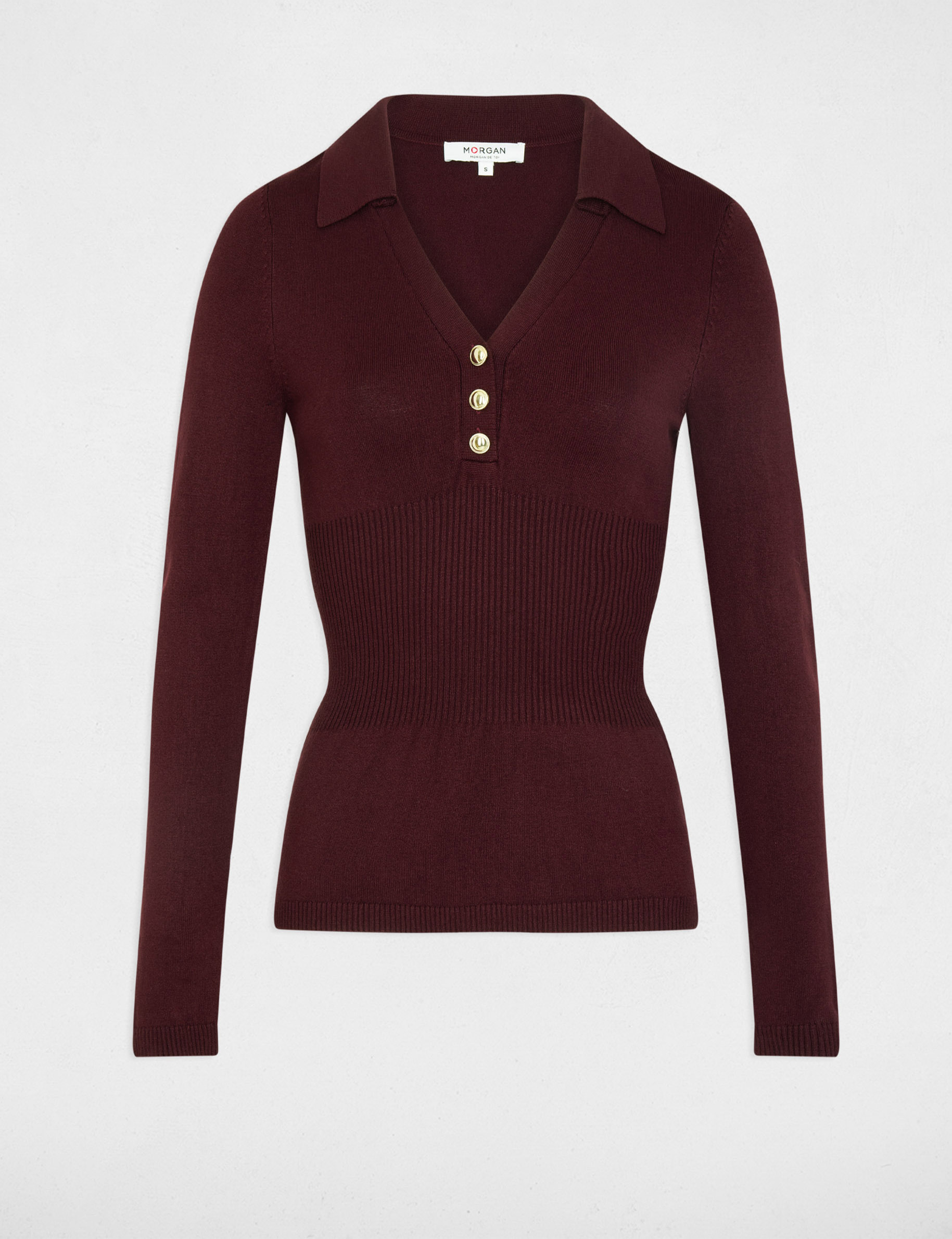 Jersey entallado con cuello polo ciruela mujer