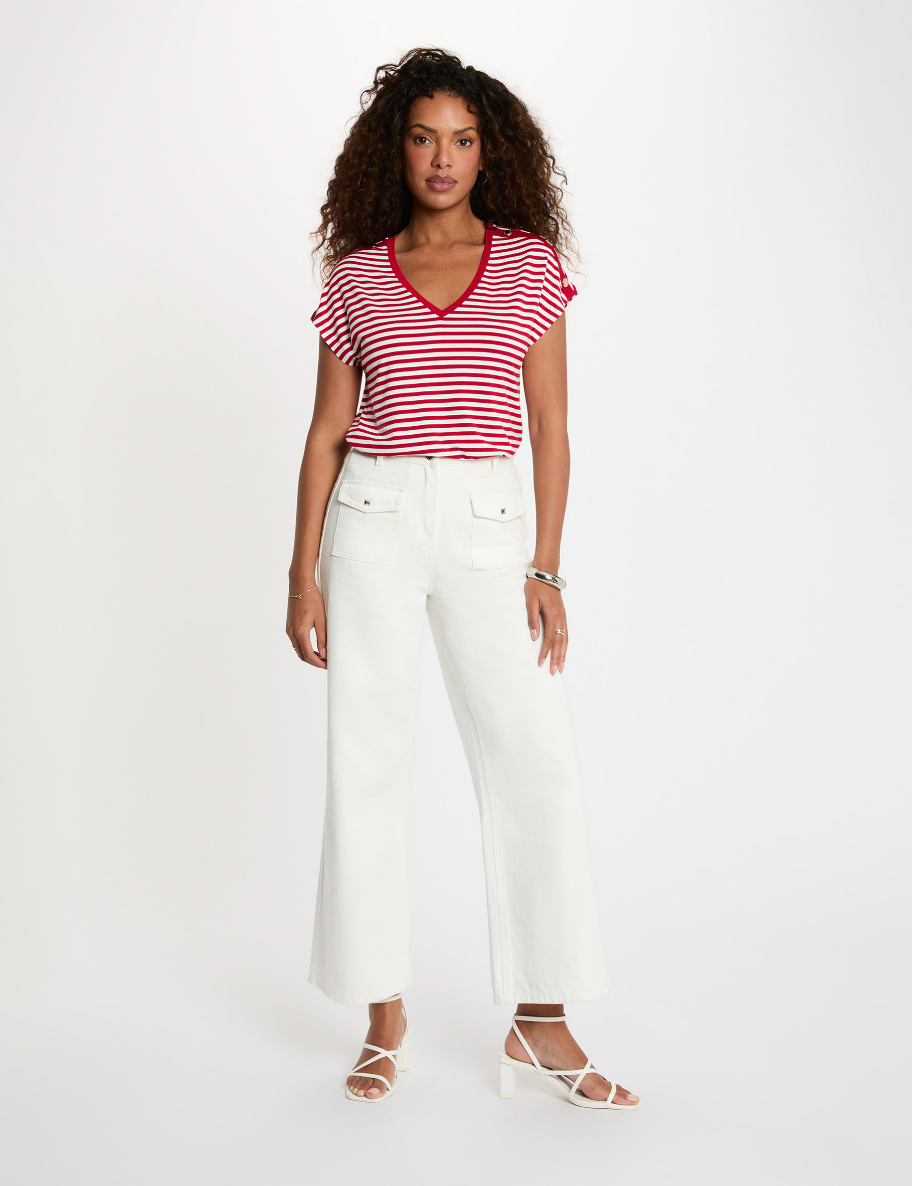 Camiseta de rayas con cuello v blanco mujer