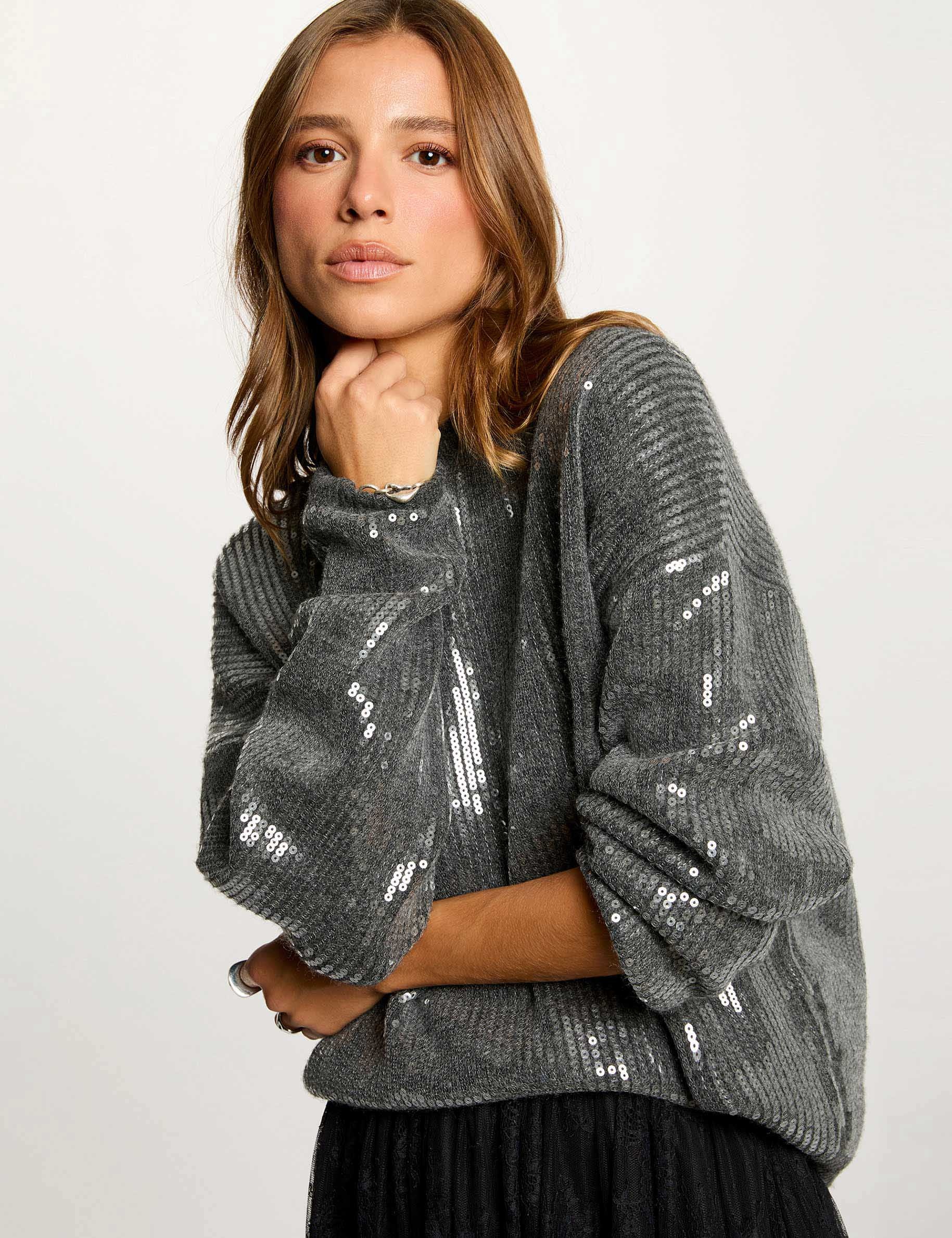 Jersey de lentejuelas cuello redondo gris oscuro mujer