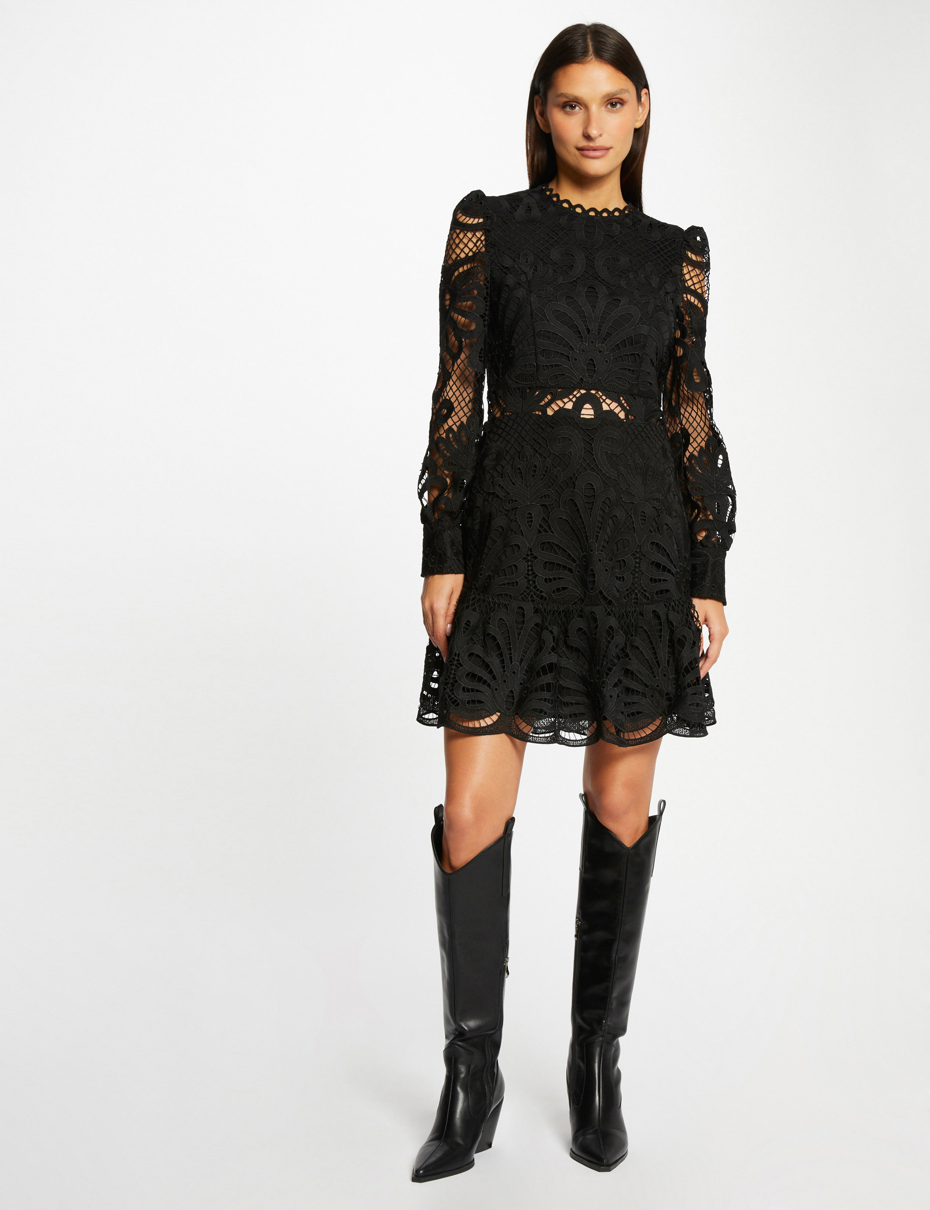 Vestido evasé de encaje con volantes negro mujer