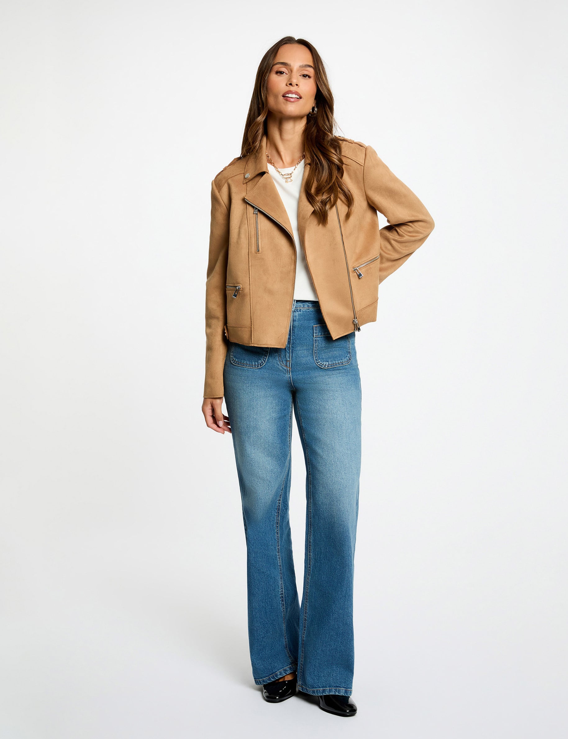 Chaqueta corta de ante marr&oacute;n co&ntilde;ac mujer