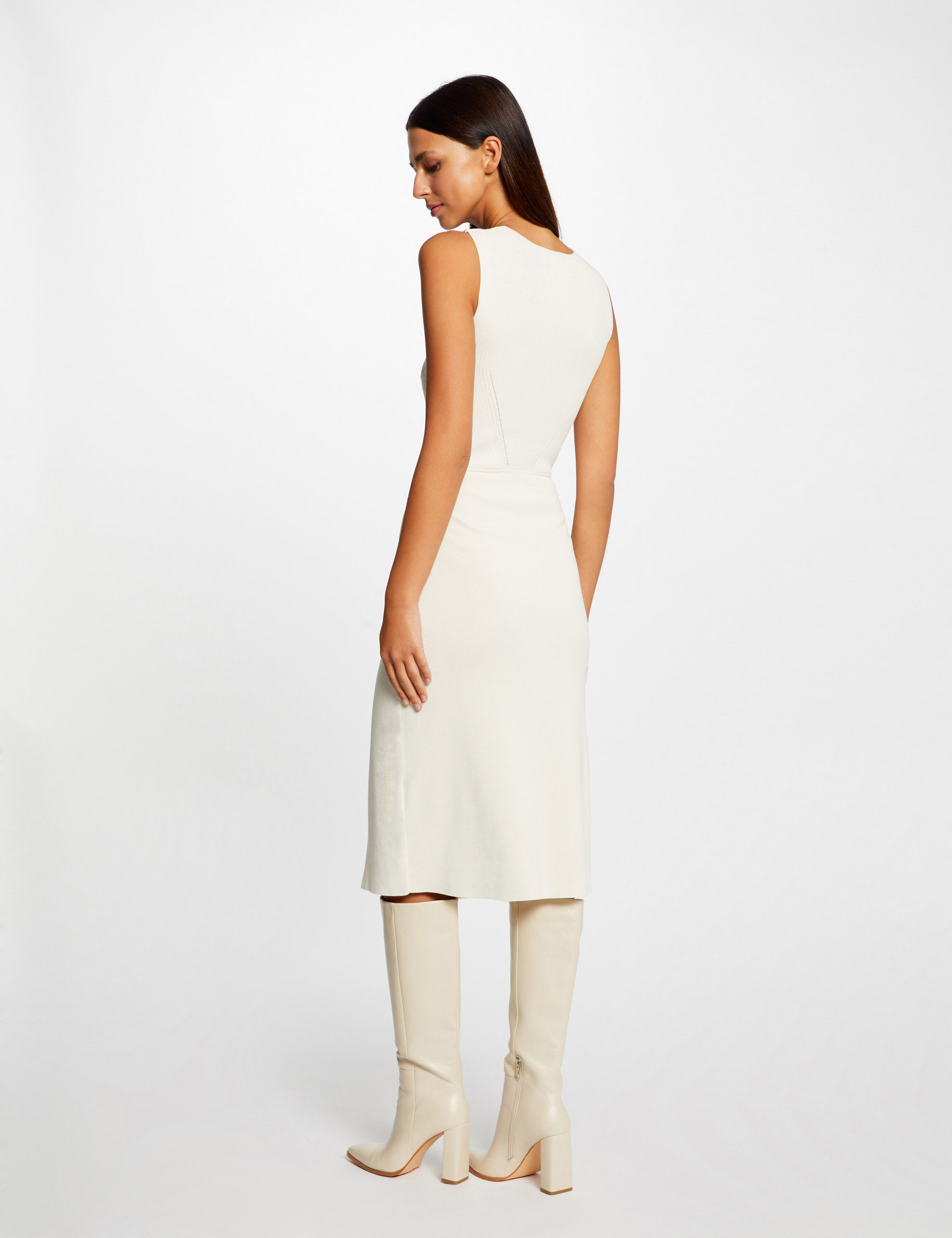 Vestido de punto midi ajustado marfil mujer